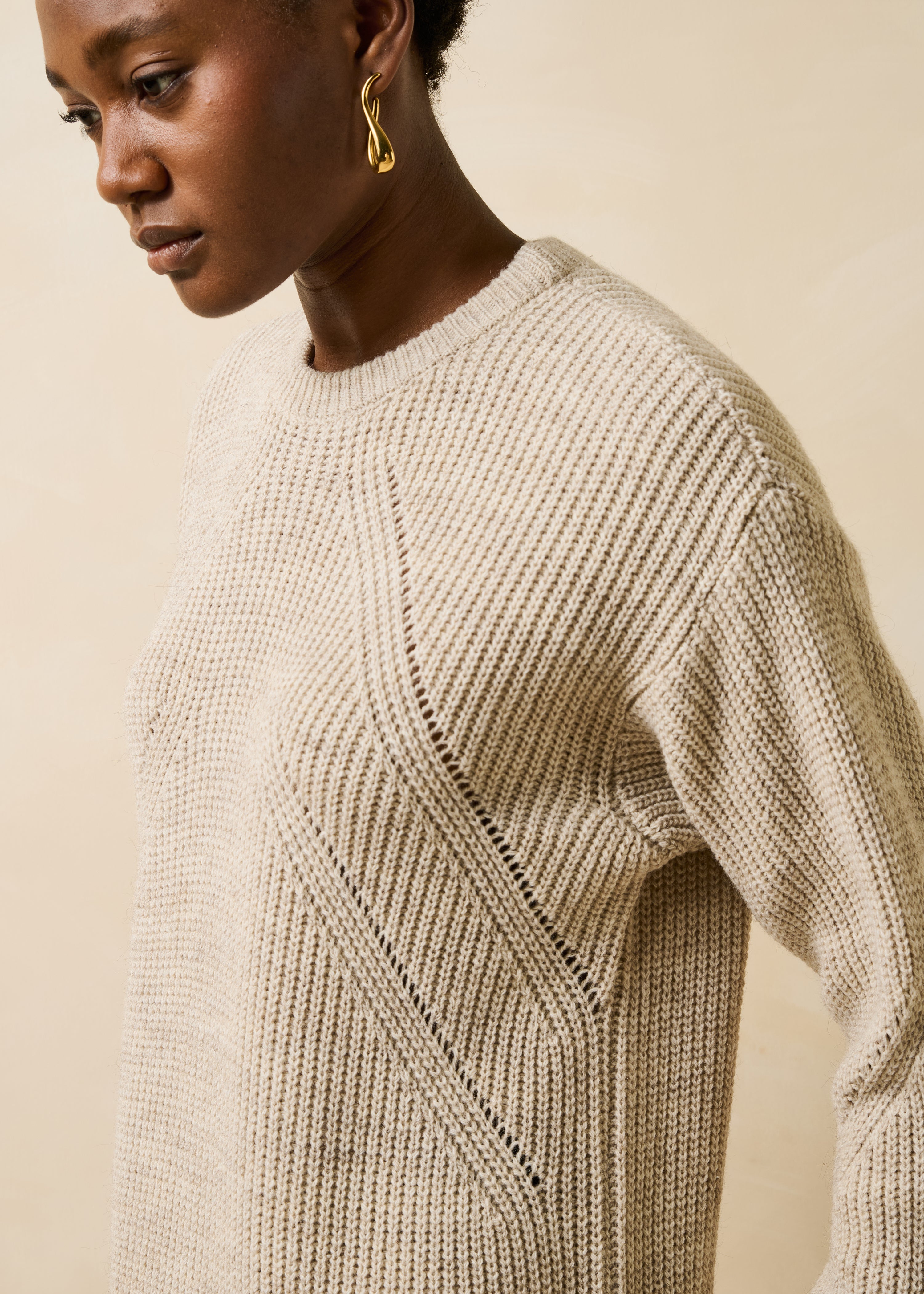 Beige Short Knit Dress with Round Neck