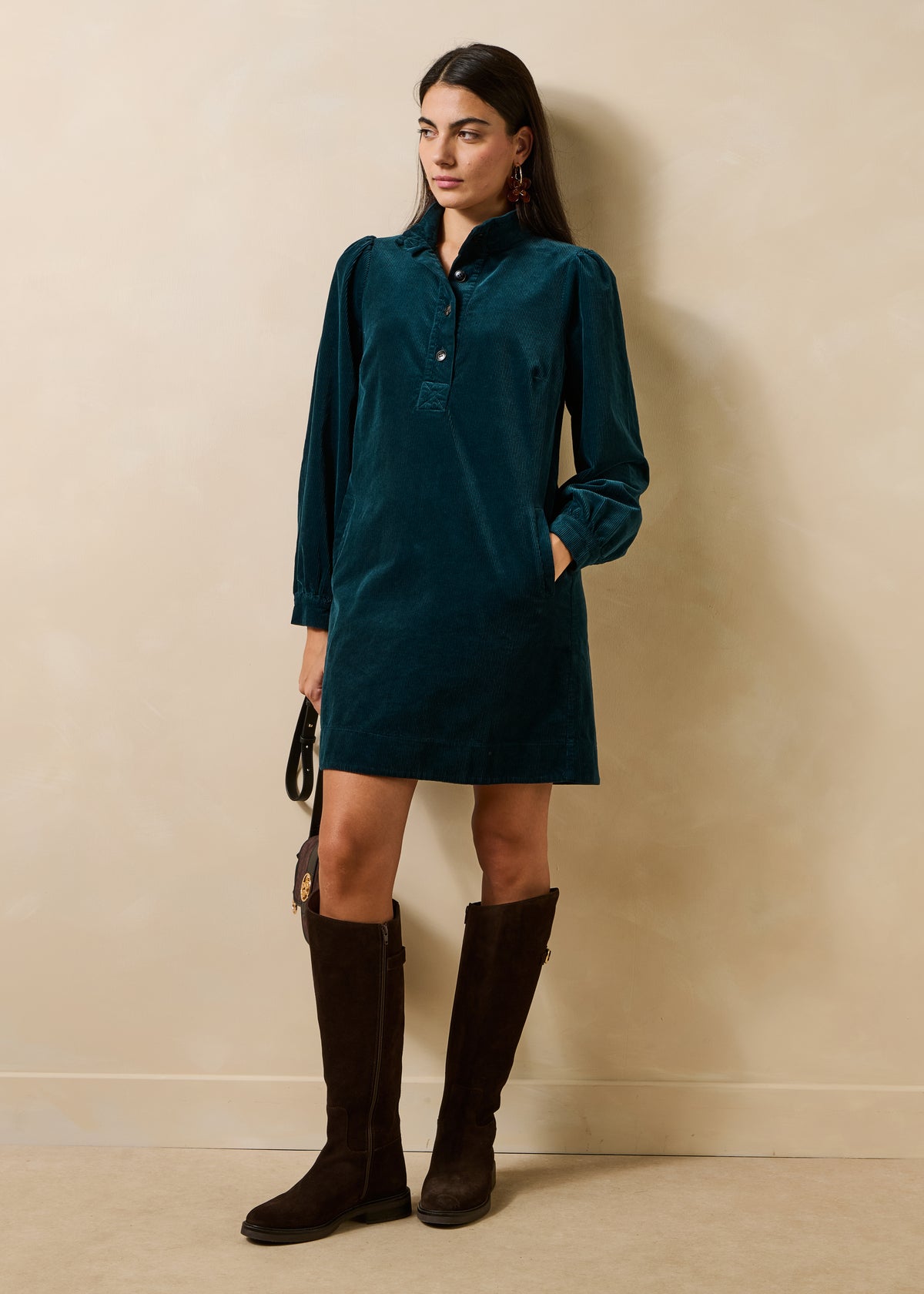 Petrol blue long-sleeved corduroy dress
