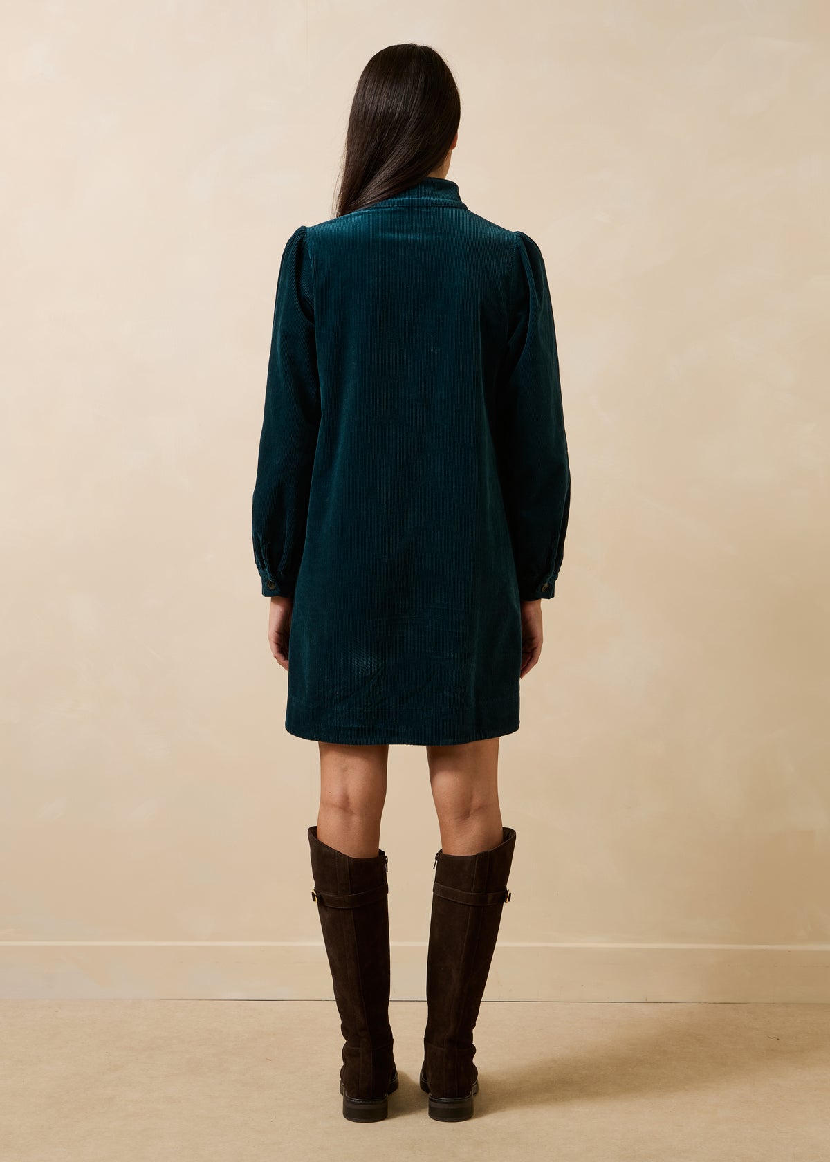 Petrol blue long-sleeved corduroy dress