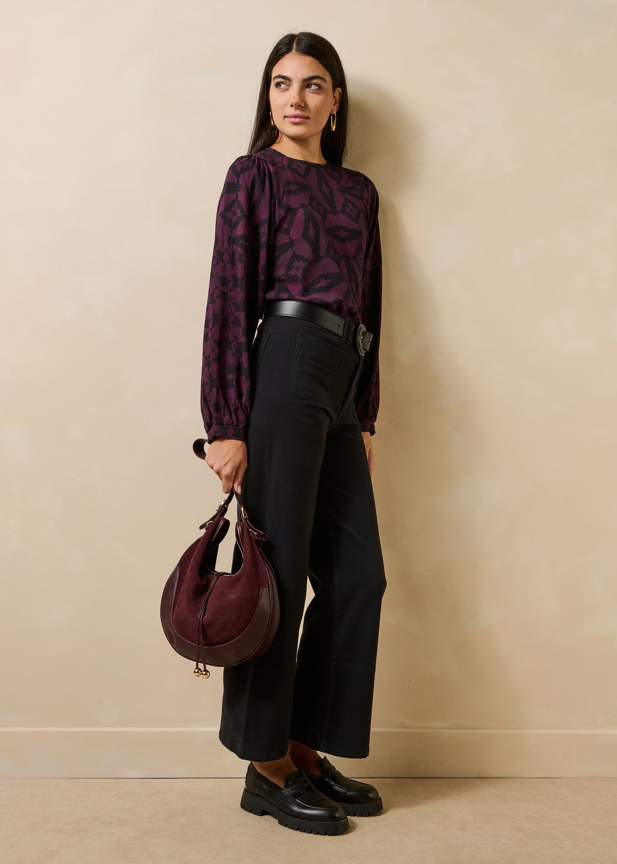 Top noir et violet imprimé manches longues