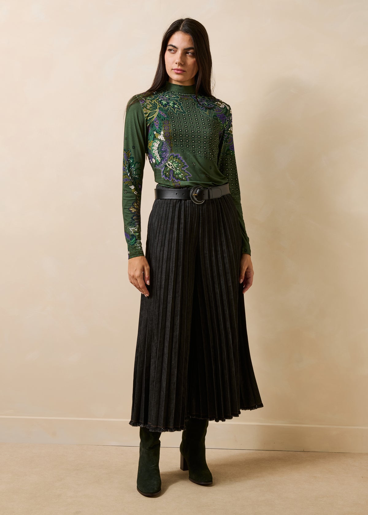 T-shirt verde stampato a maniche lunghe in jersey