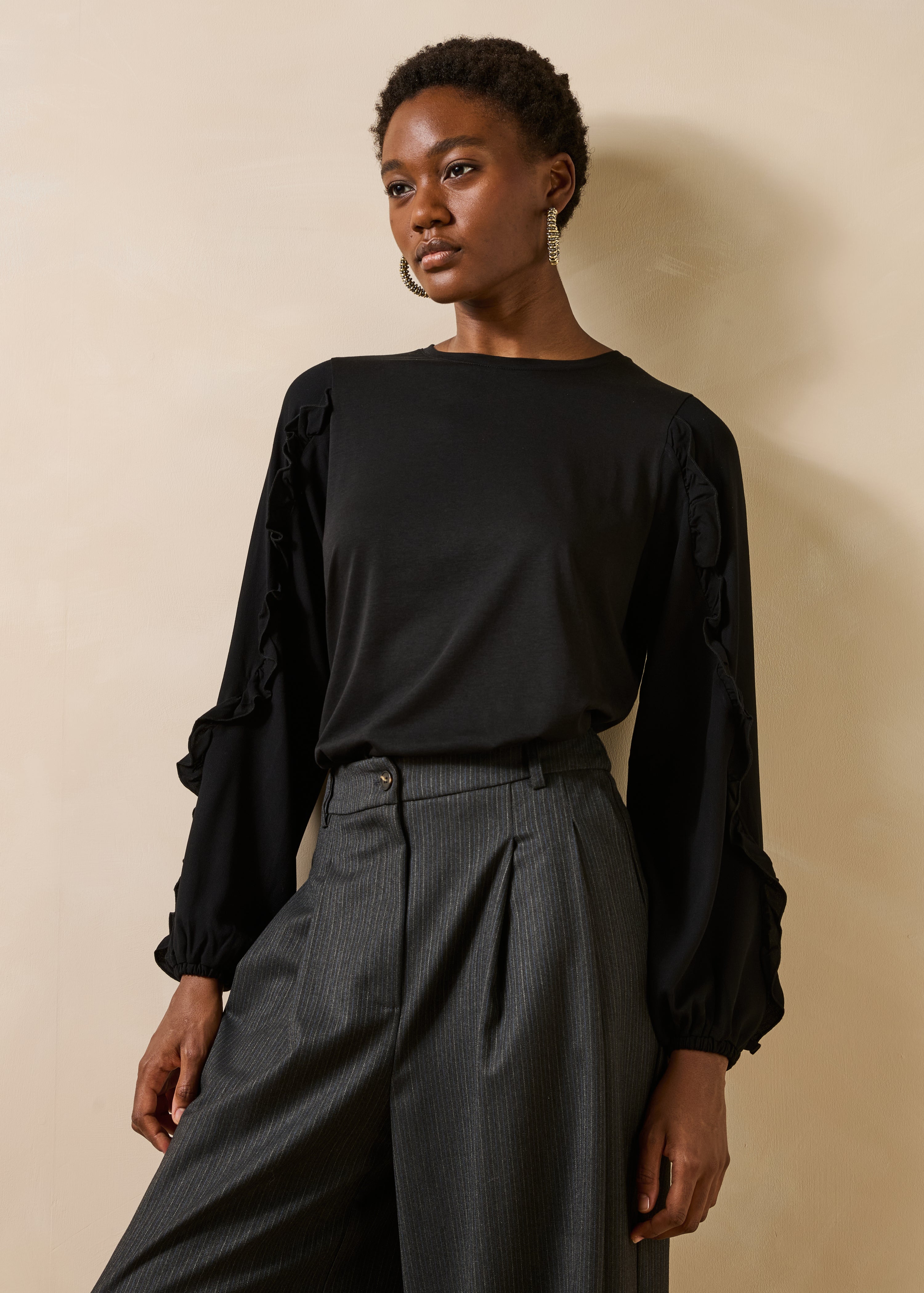 T-shirt noir en lyocell manches longues col rond