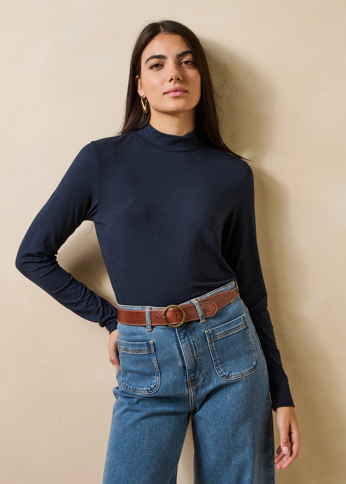 Navy blue long-sleeve T-shirt in modal and cashmere