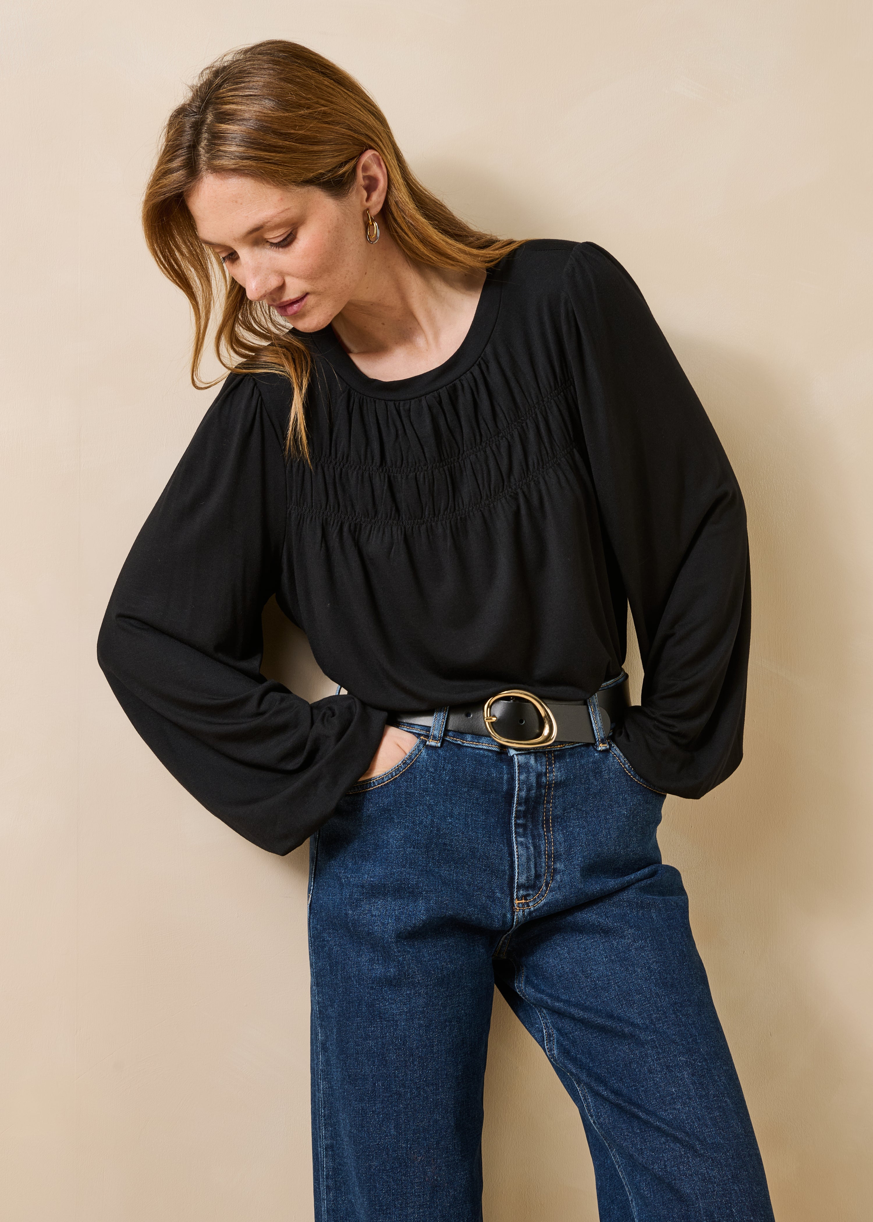 T-shirt noir en modal manches longues