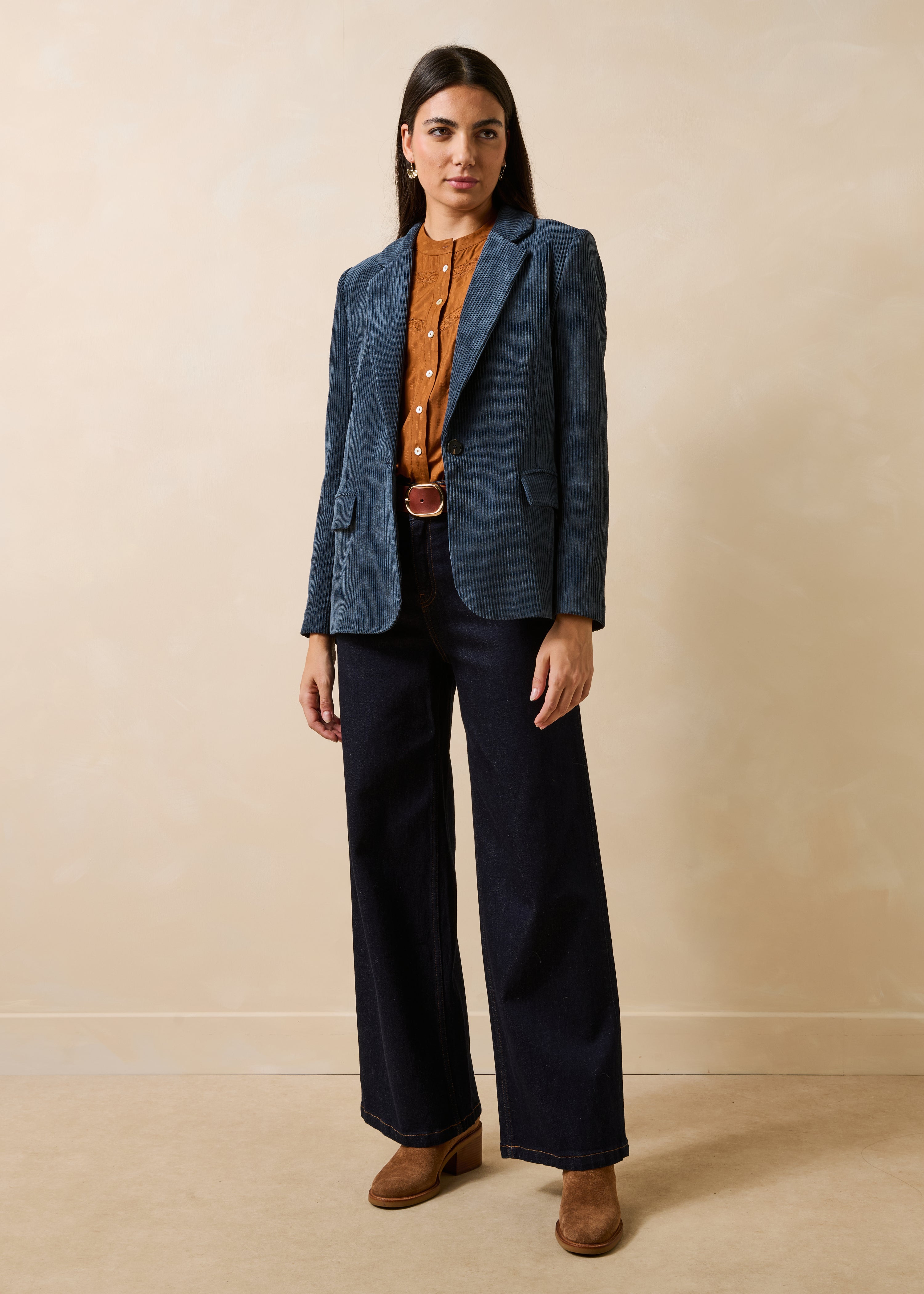Veste tailleur bleu gris en velours manches longues