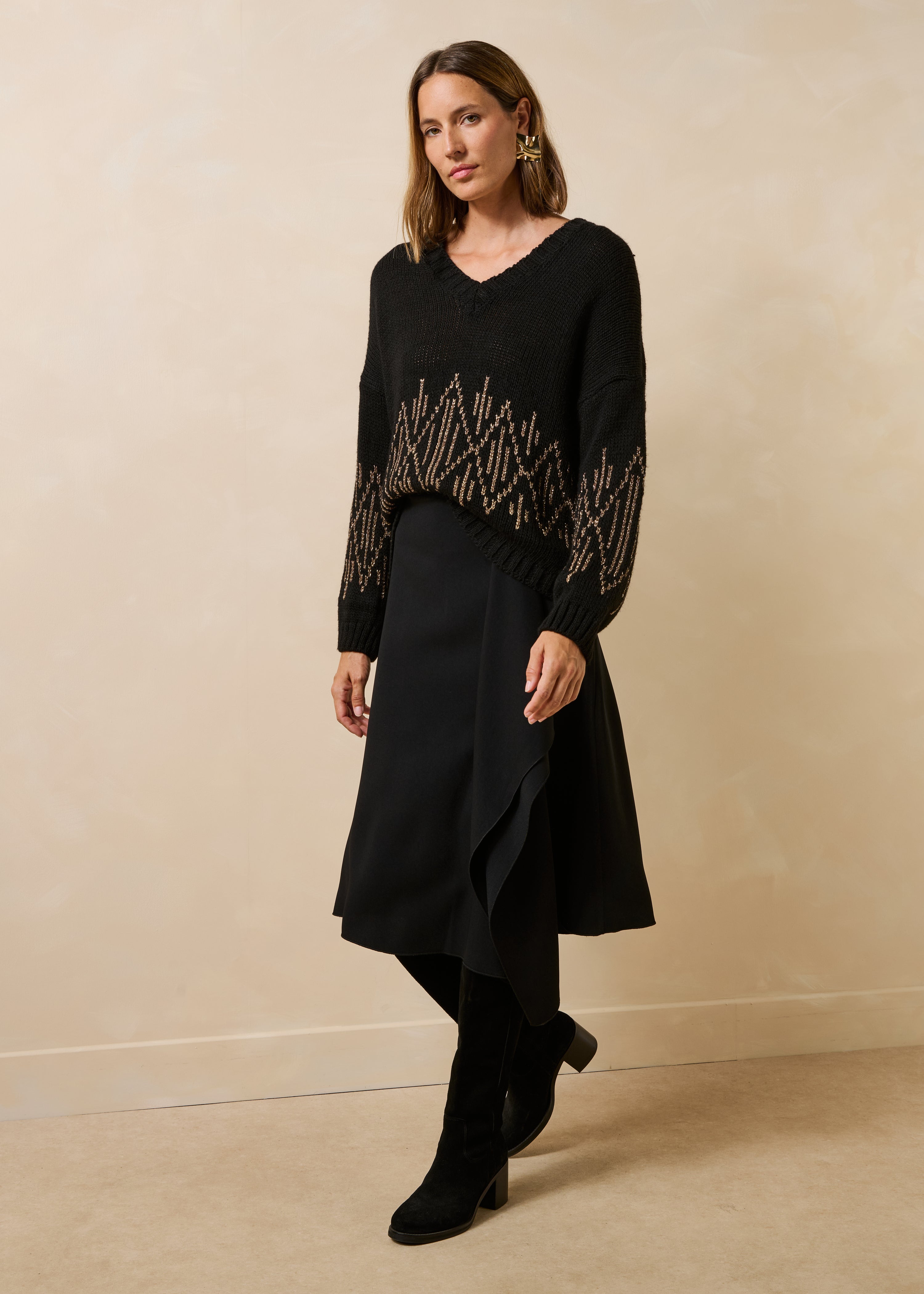 Weite schwarzer Pullover mit langen Ärmeln in Jacquardstrick