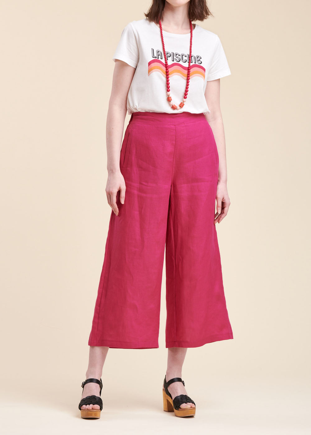 Pantaloni a gamba larga in lino tinta unita