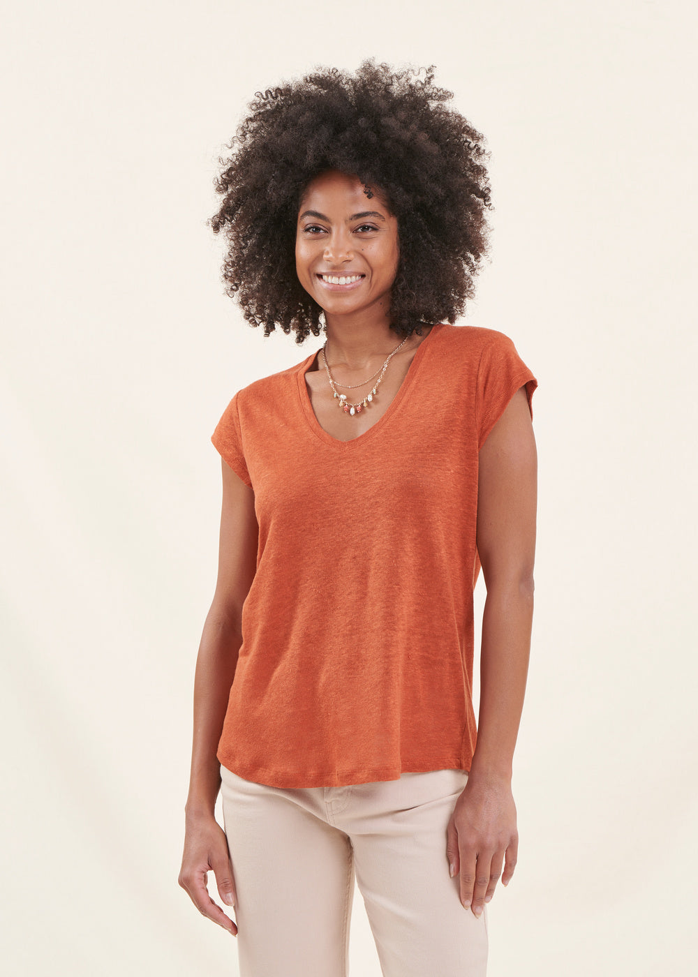 Orange linen short-sleeved T-shirt