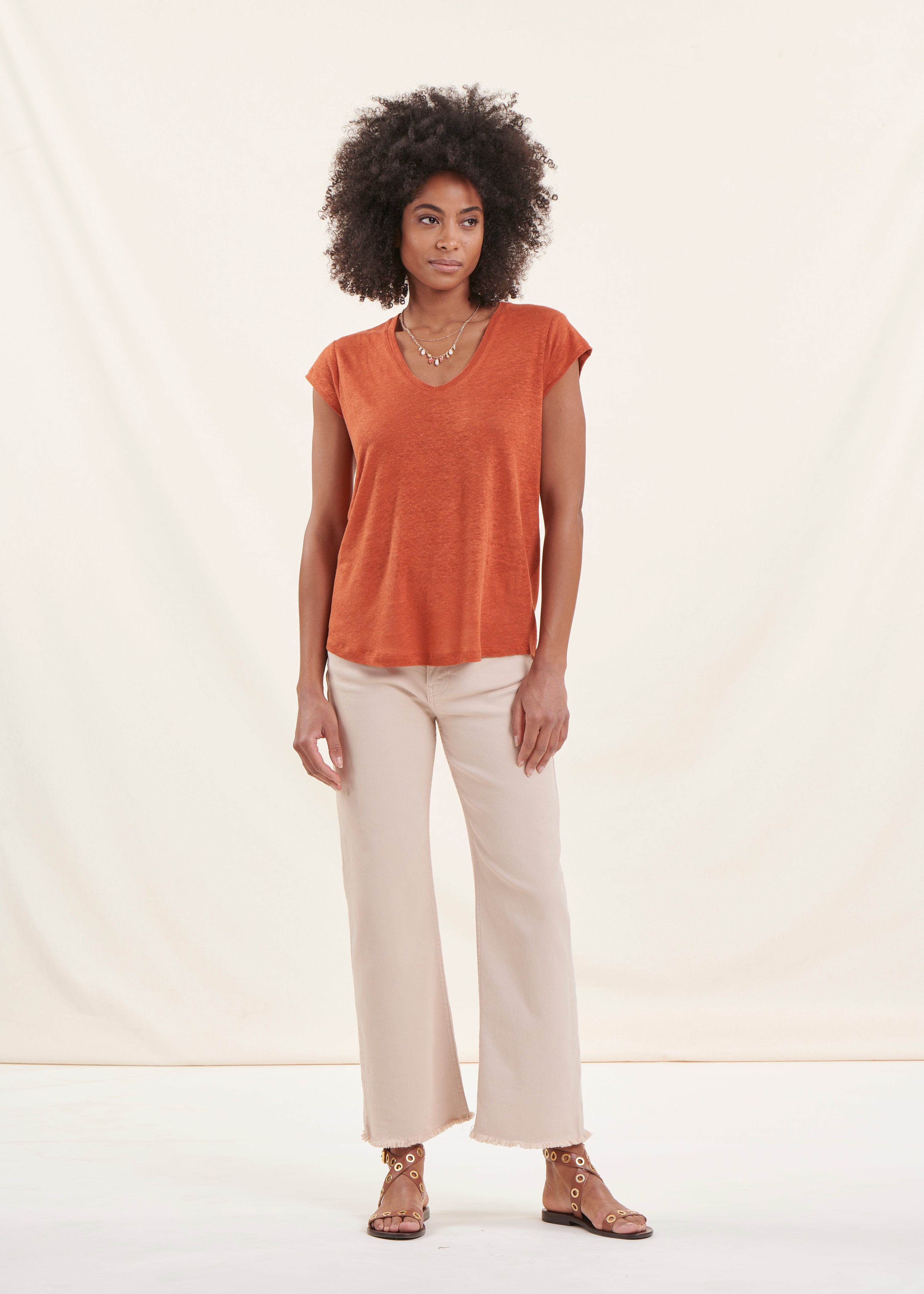 Orange linen short-sleeved T-shirt