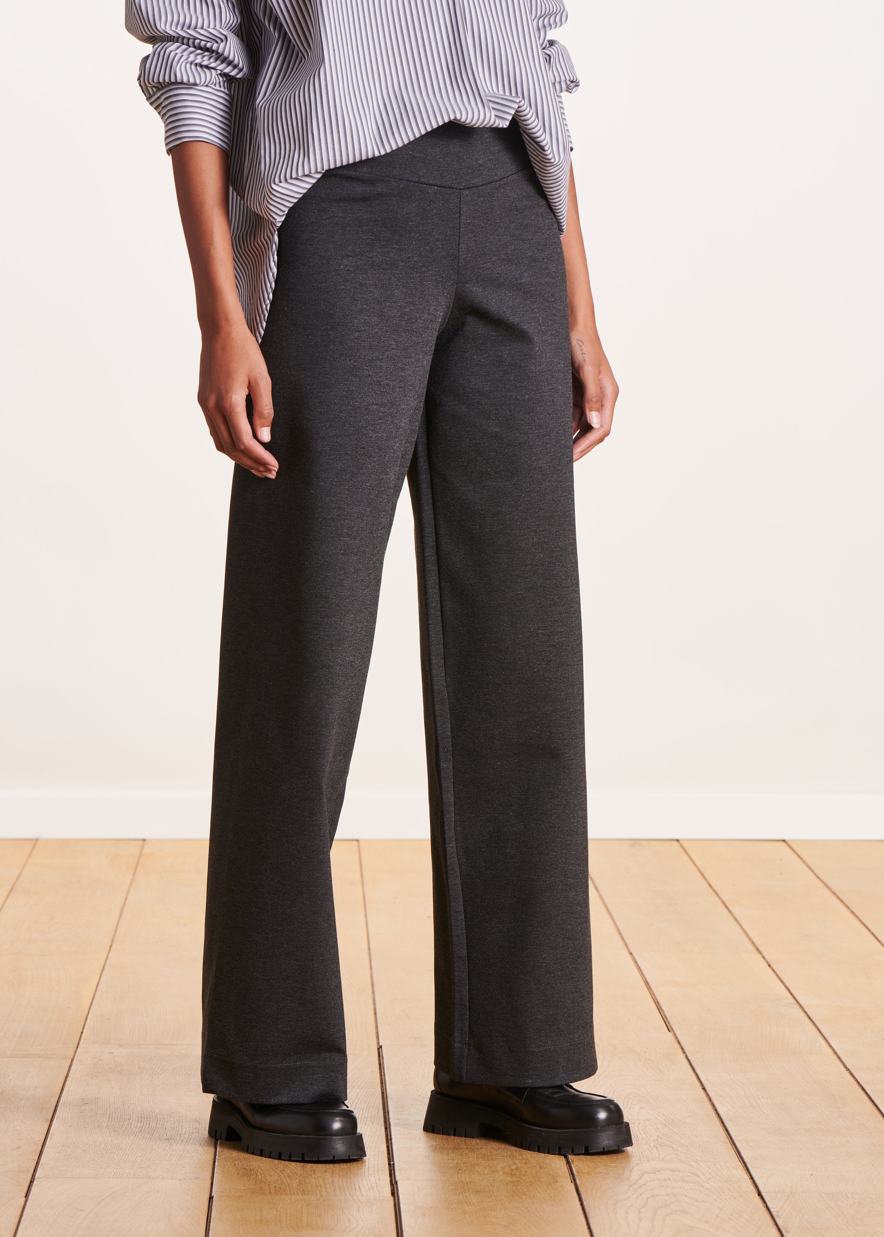 Charcoal grey wide leg trousers in milano jersey