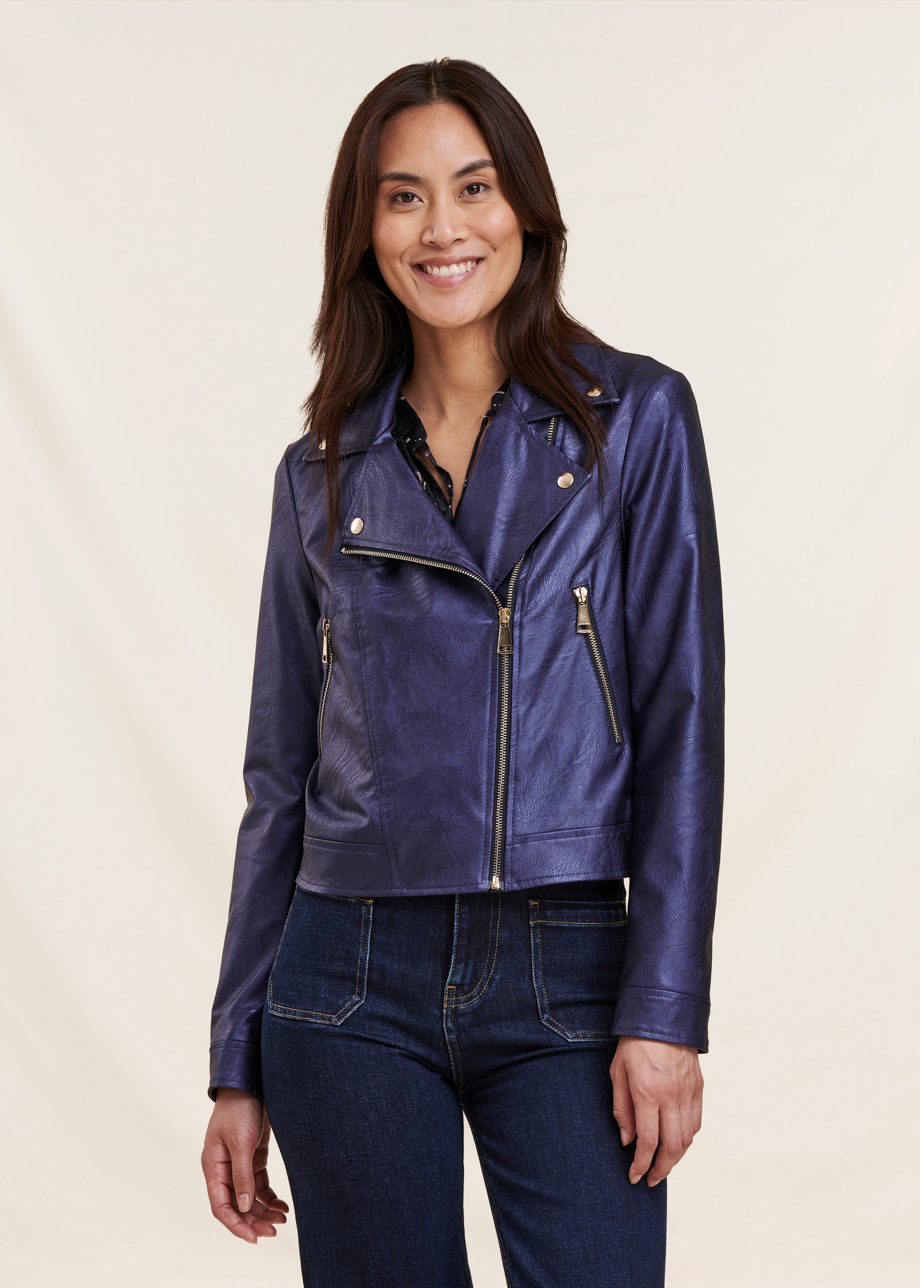 Short iridescent blue biker-style jacket