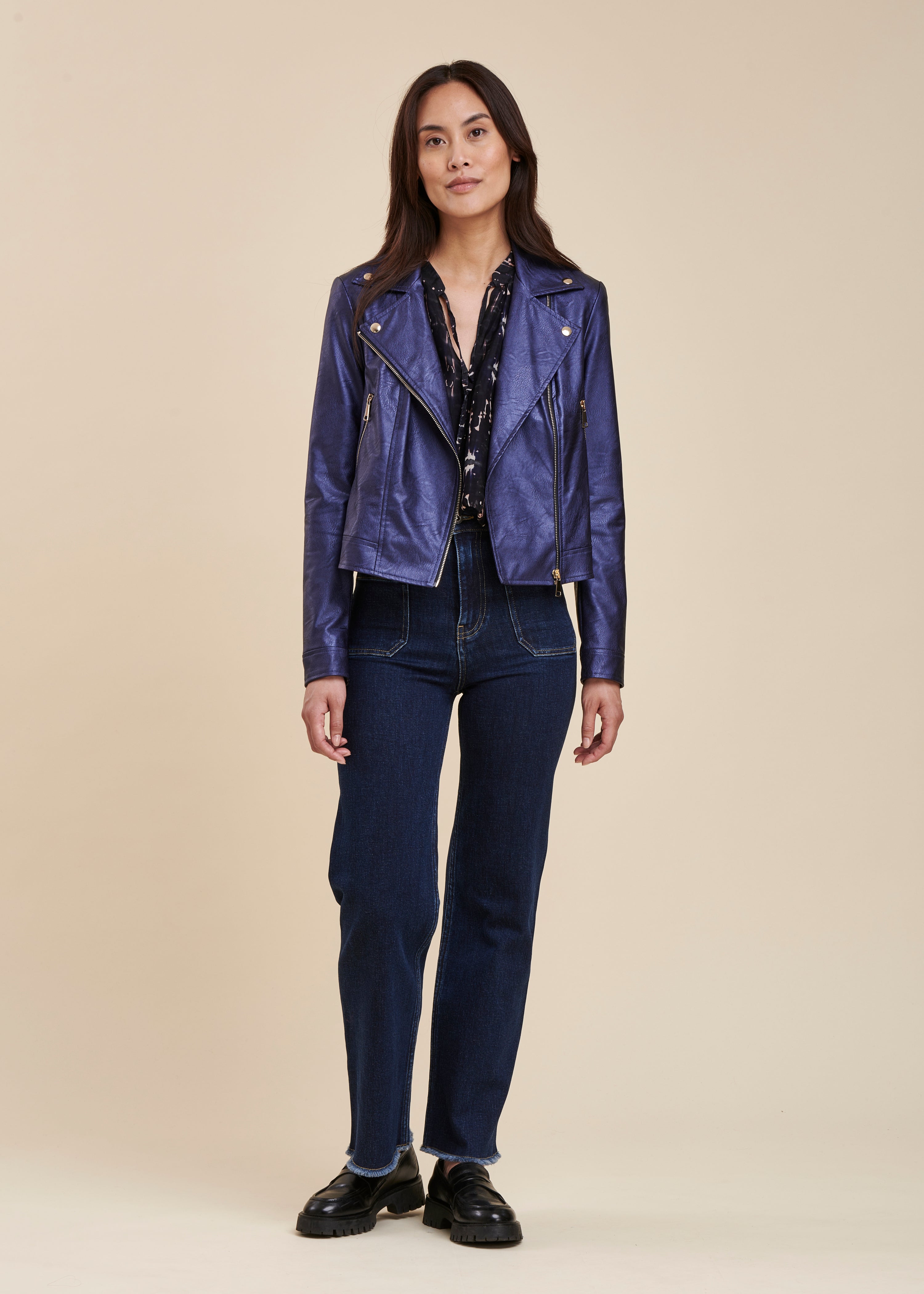 Short iridescent blue biker-style jacket