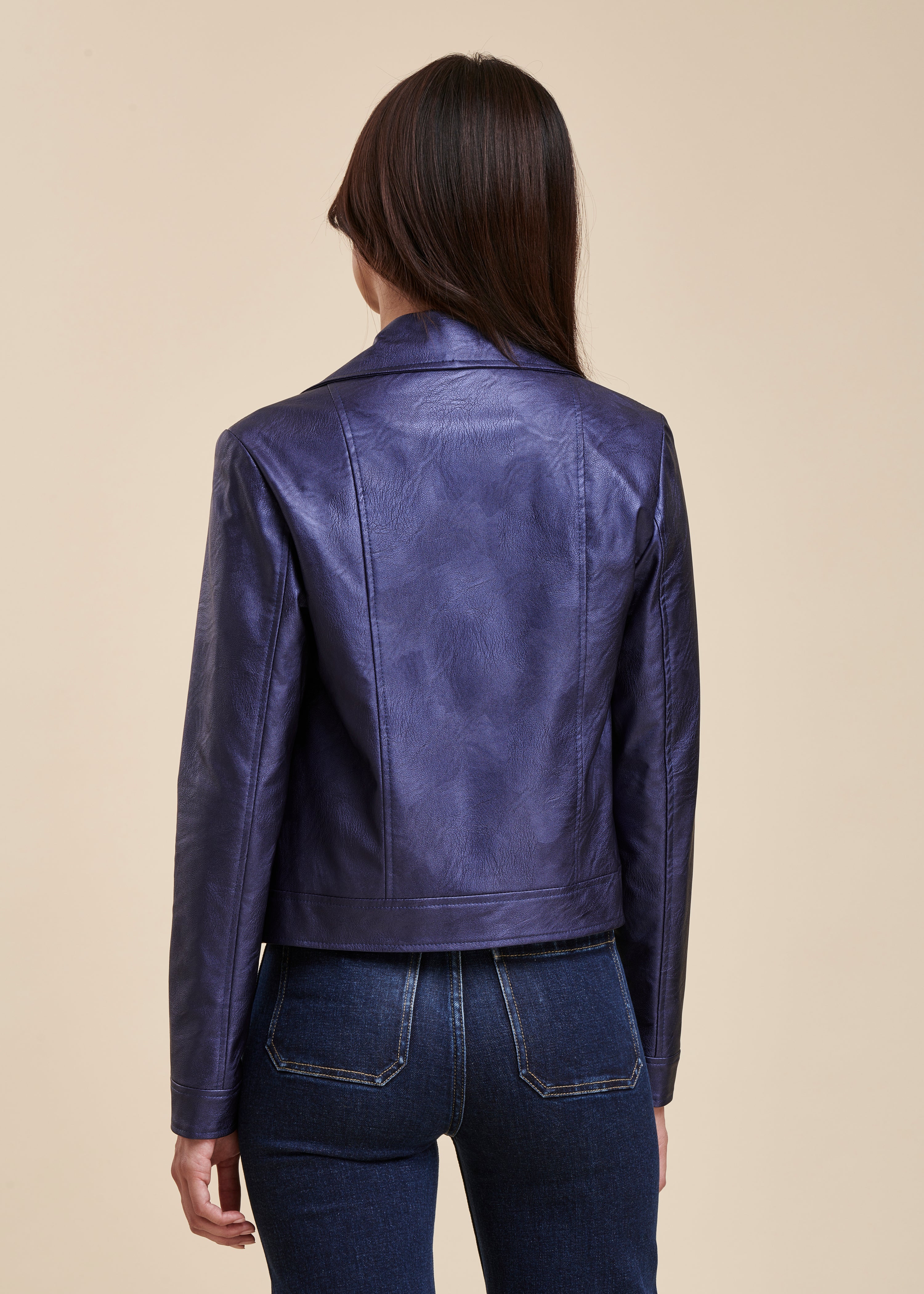 Short iridescent blue biker-style jacket