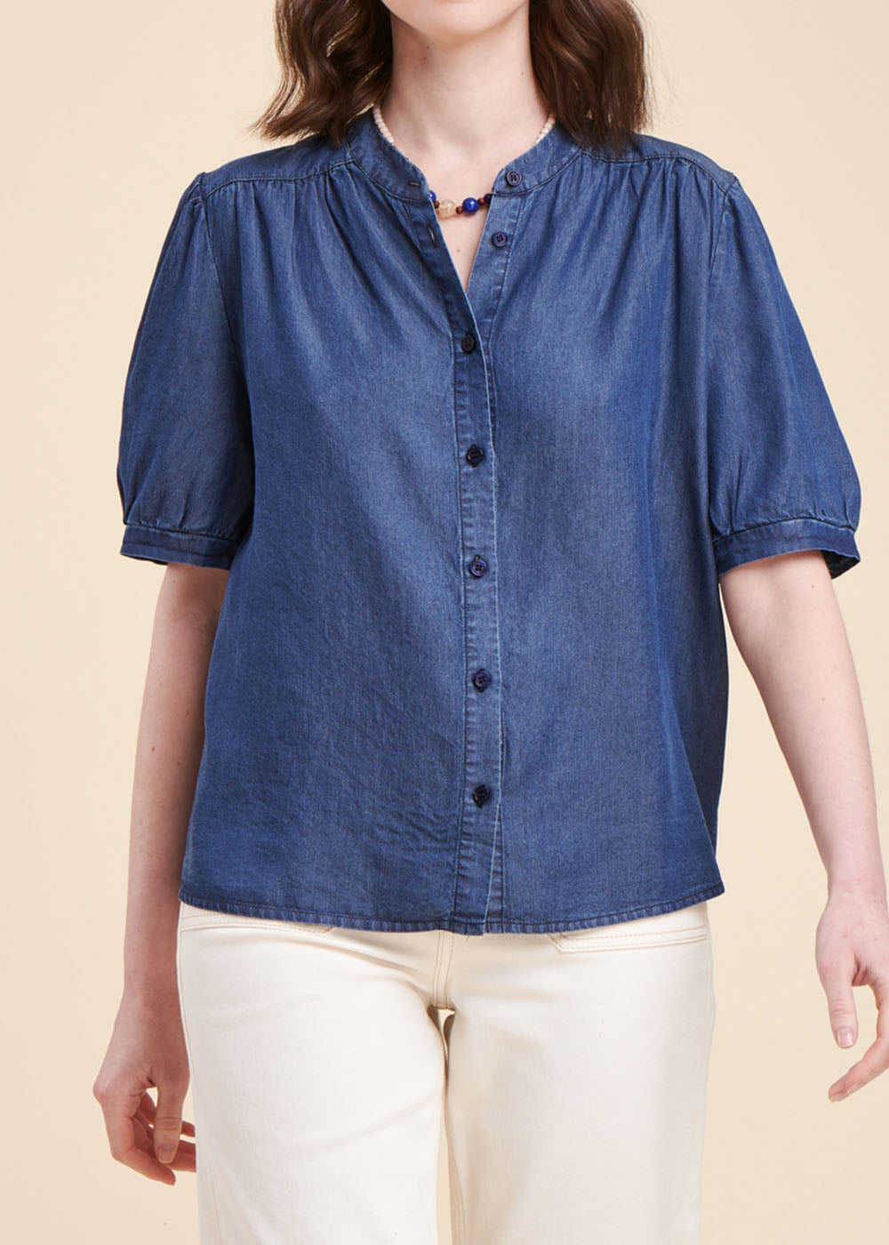 Blouse met korte mouwen in denimlook