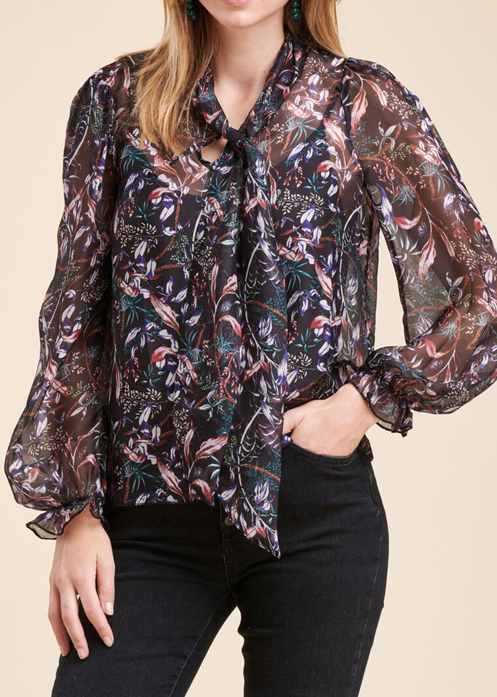 Blusa amplia con estampado floral de velo de viscosa y seda