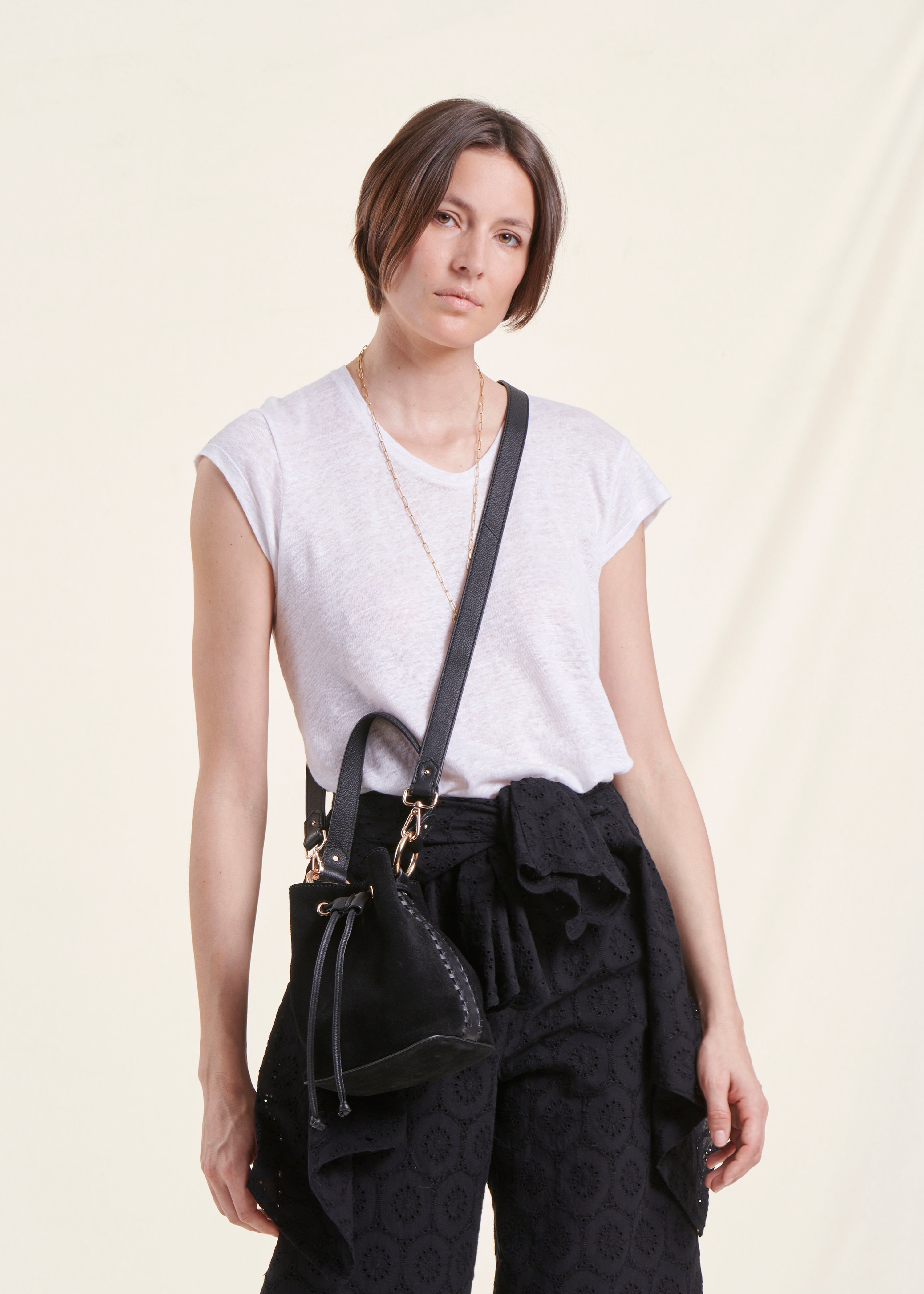 Black leather mix bucket bag