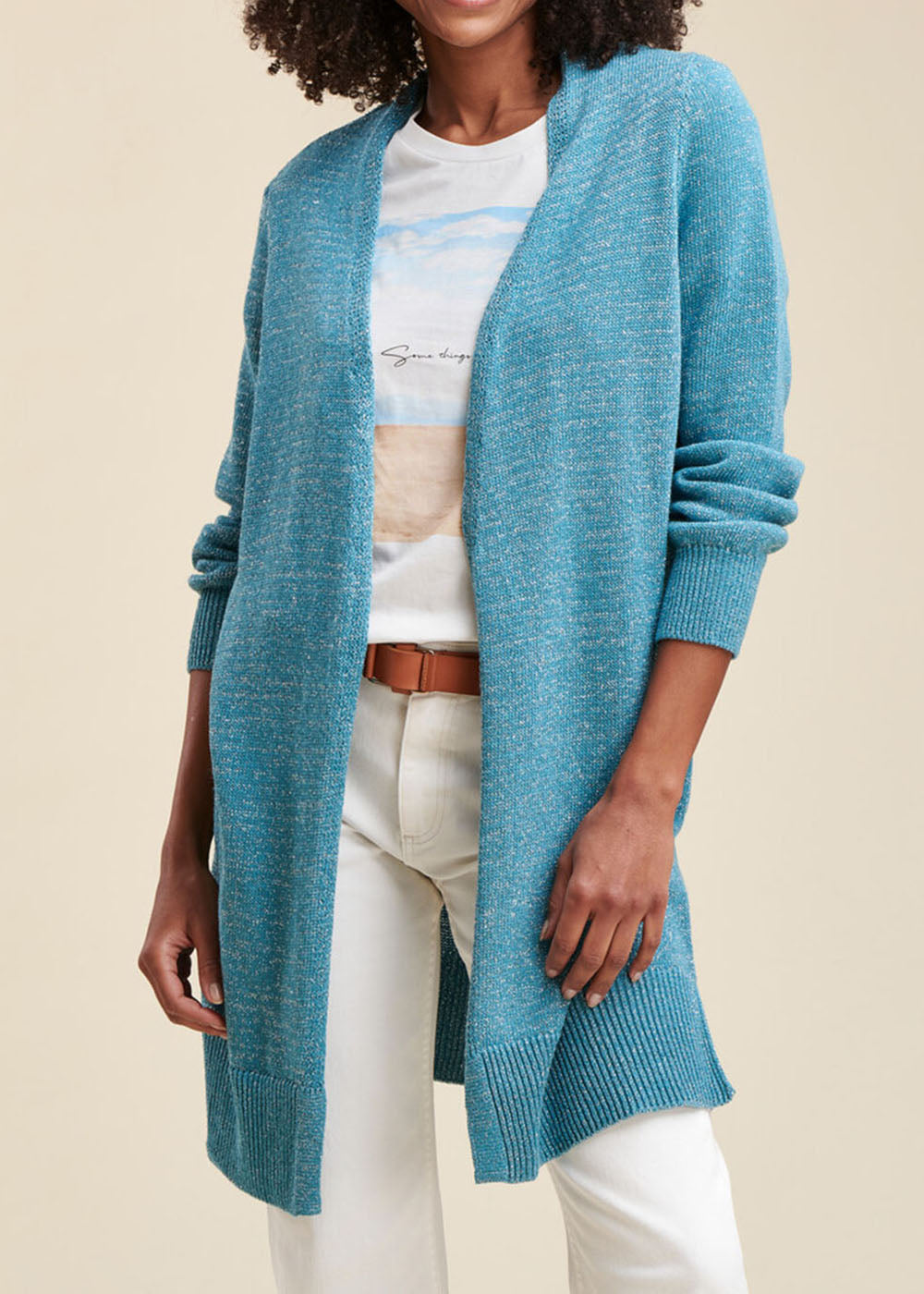 Mid-length iridescent knit cardigan