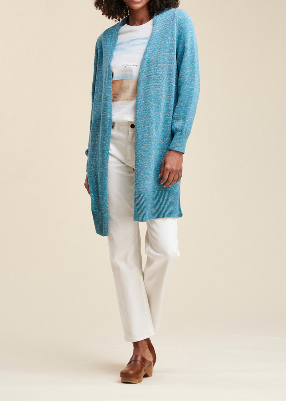 Mid-length iridescent knit cardigan