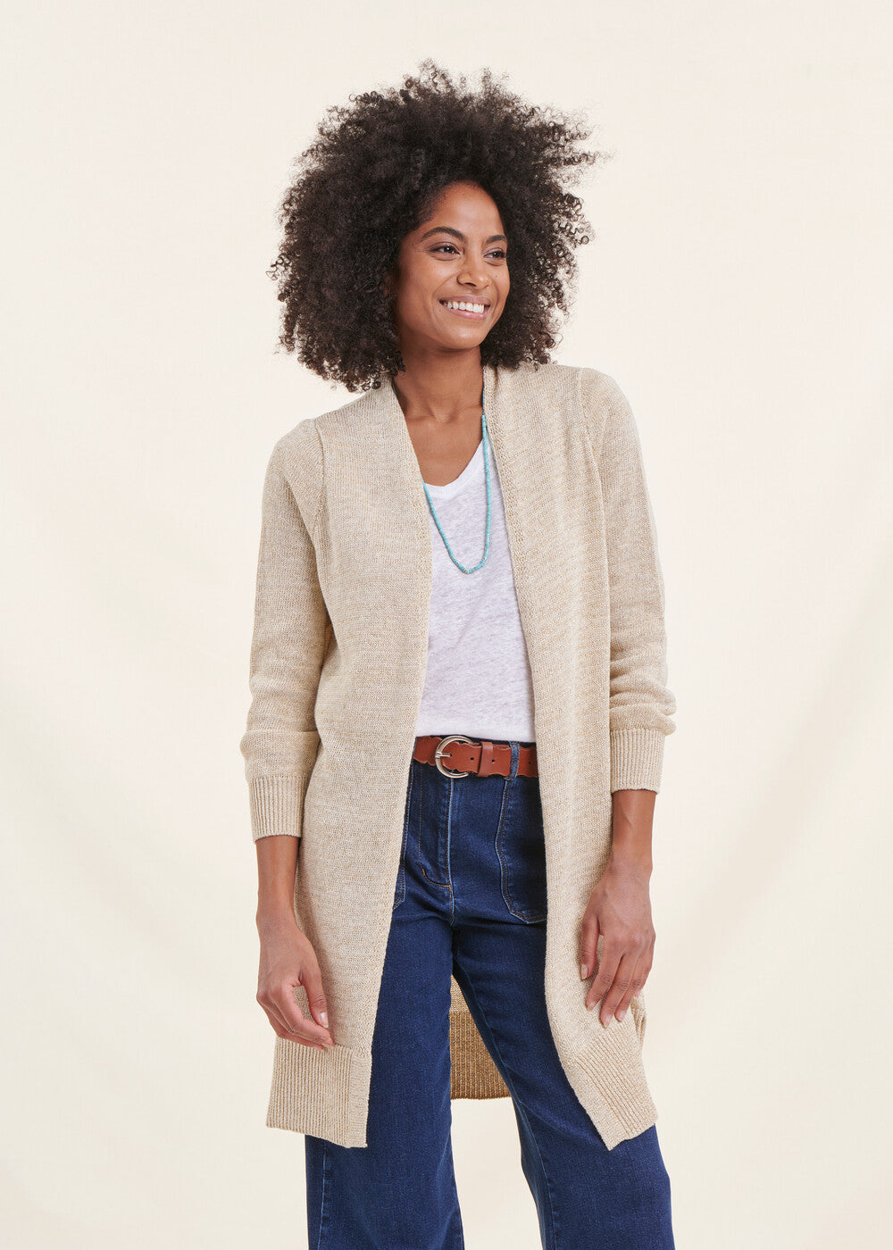 Mittellanger beige schillernder Strick-Cardigan