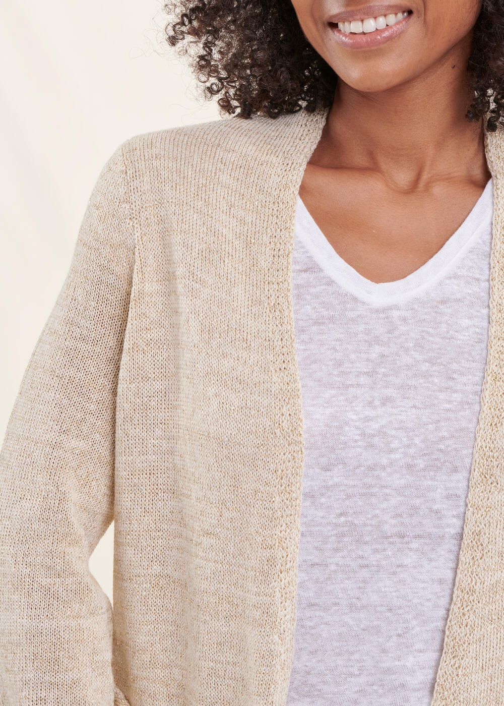 Mid-length beige iridescent knit cardigan