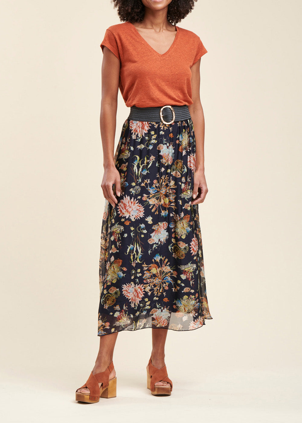 Midi skirt in viscose silk voile with plant print