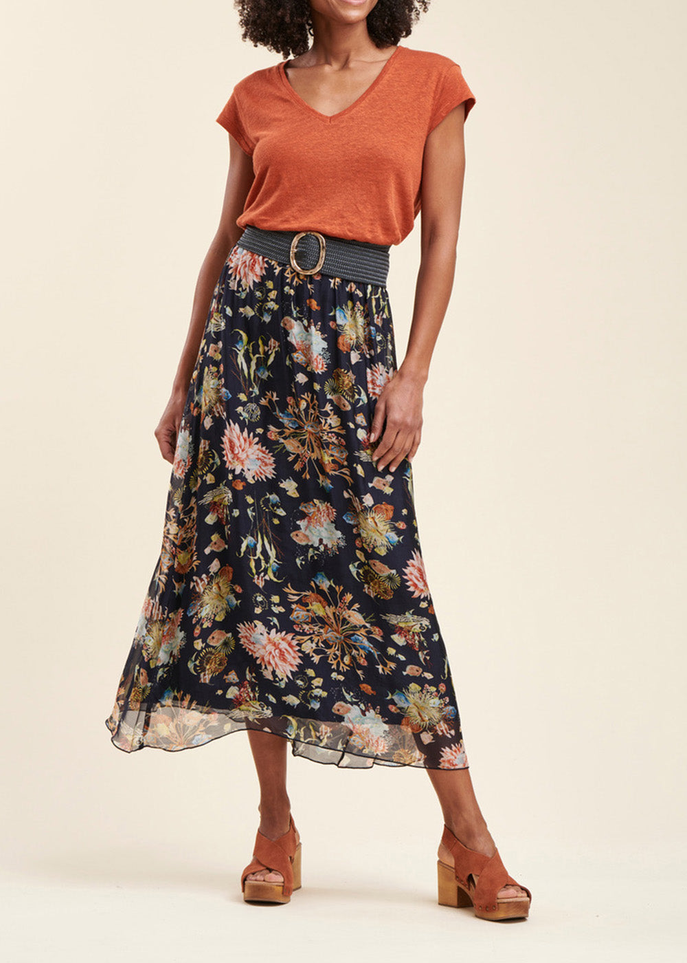 Midi skirt in viscose silk voile with plant print