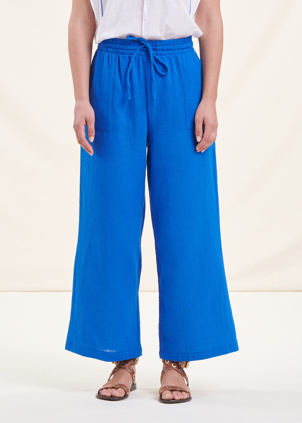 Royal blue cotton gauze cropped pants