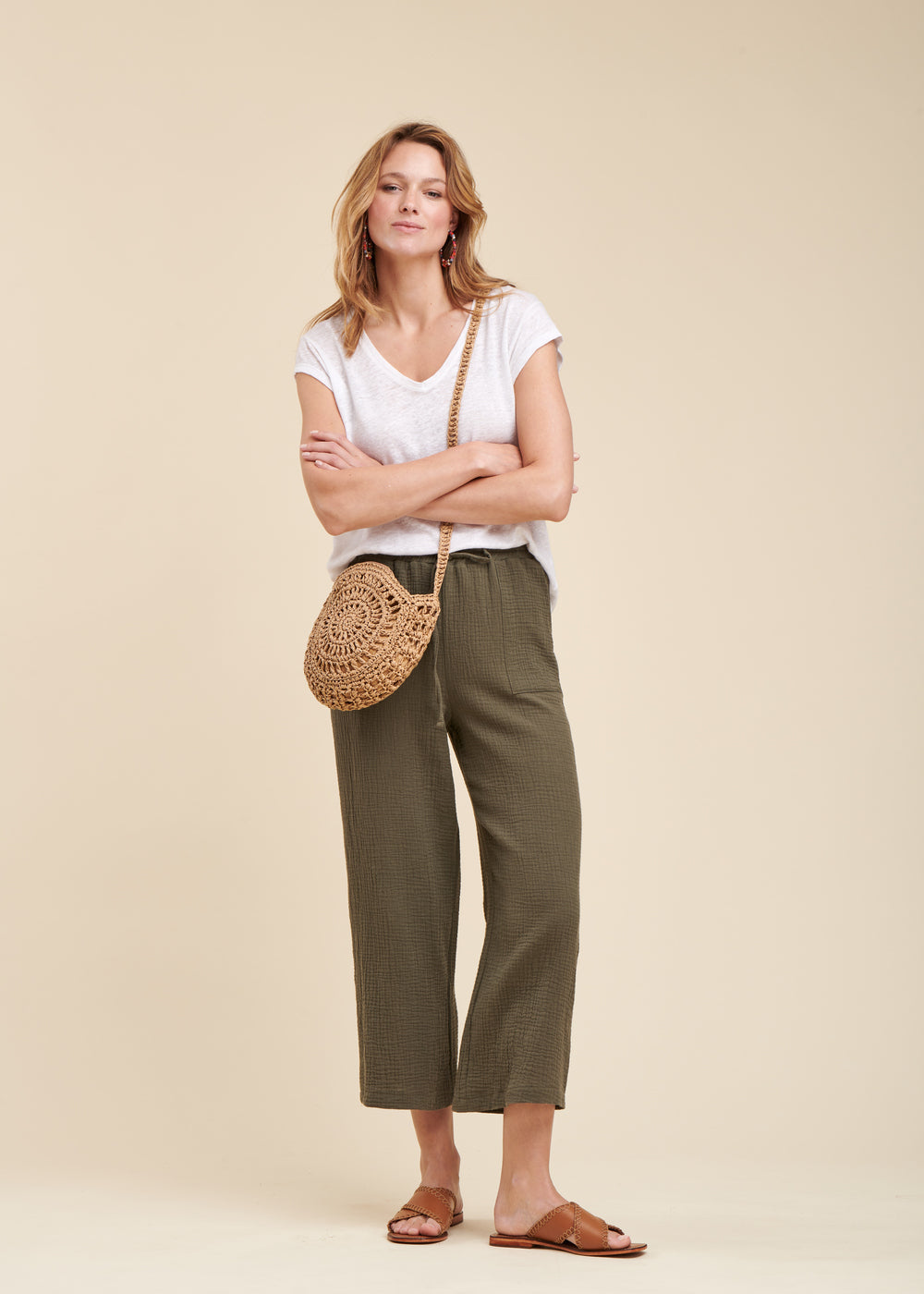 Cotton gauze cropped pants