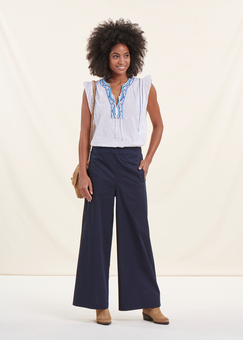 Pantalon large bleu marine en coton