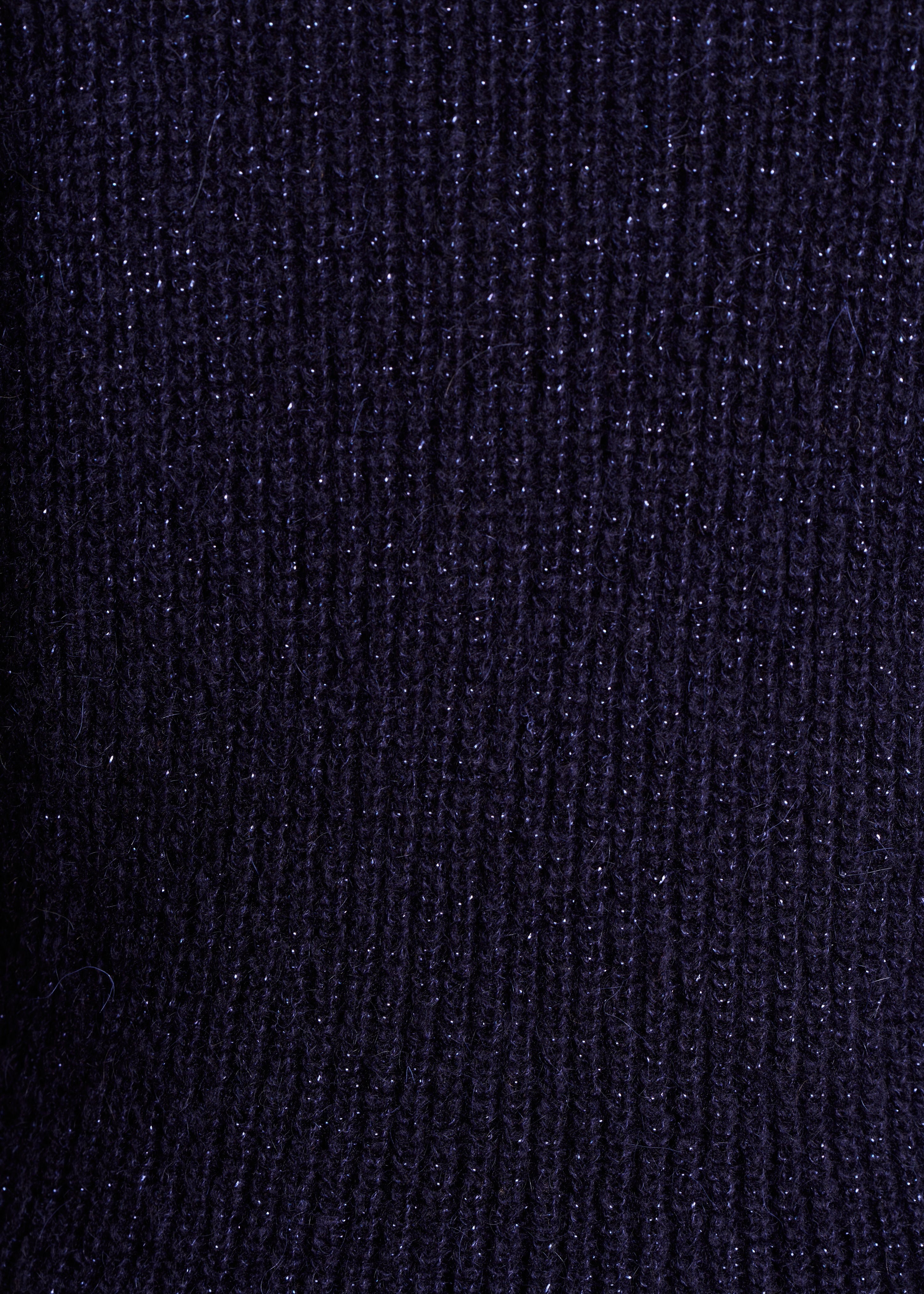 Short navy blue sweater in iridescent knit with bow