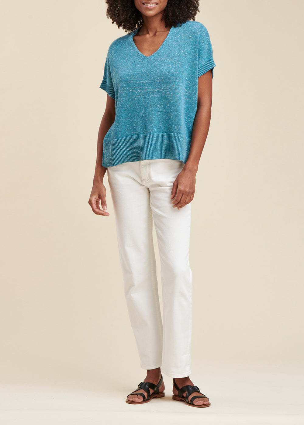 Short-sleeved iridescent knit sweater