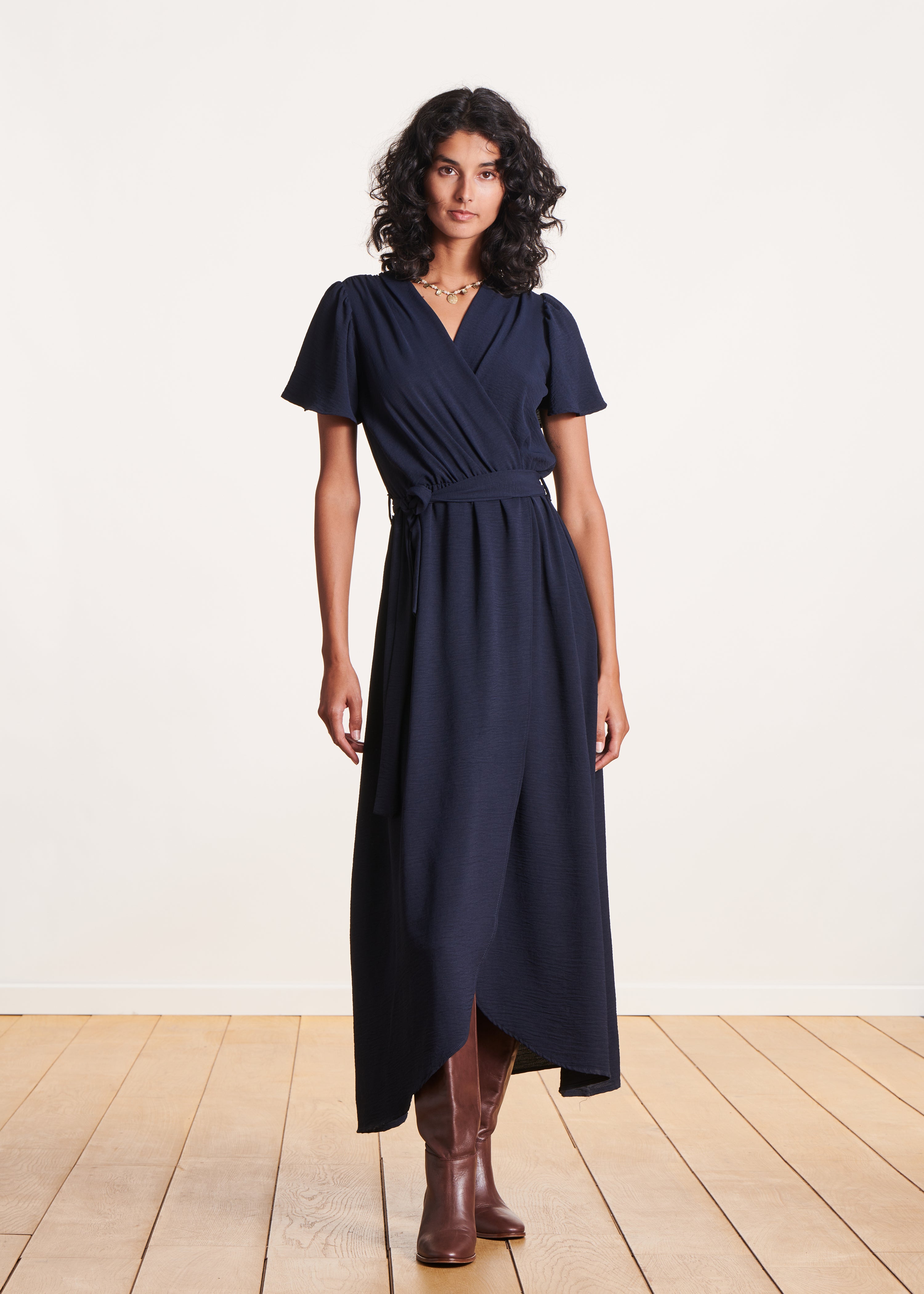 Robe longue bleu marine faux portefeuille