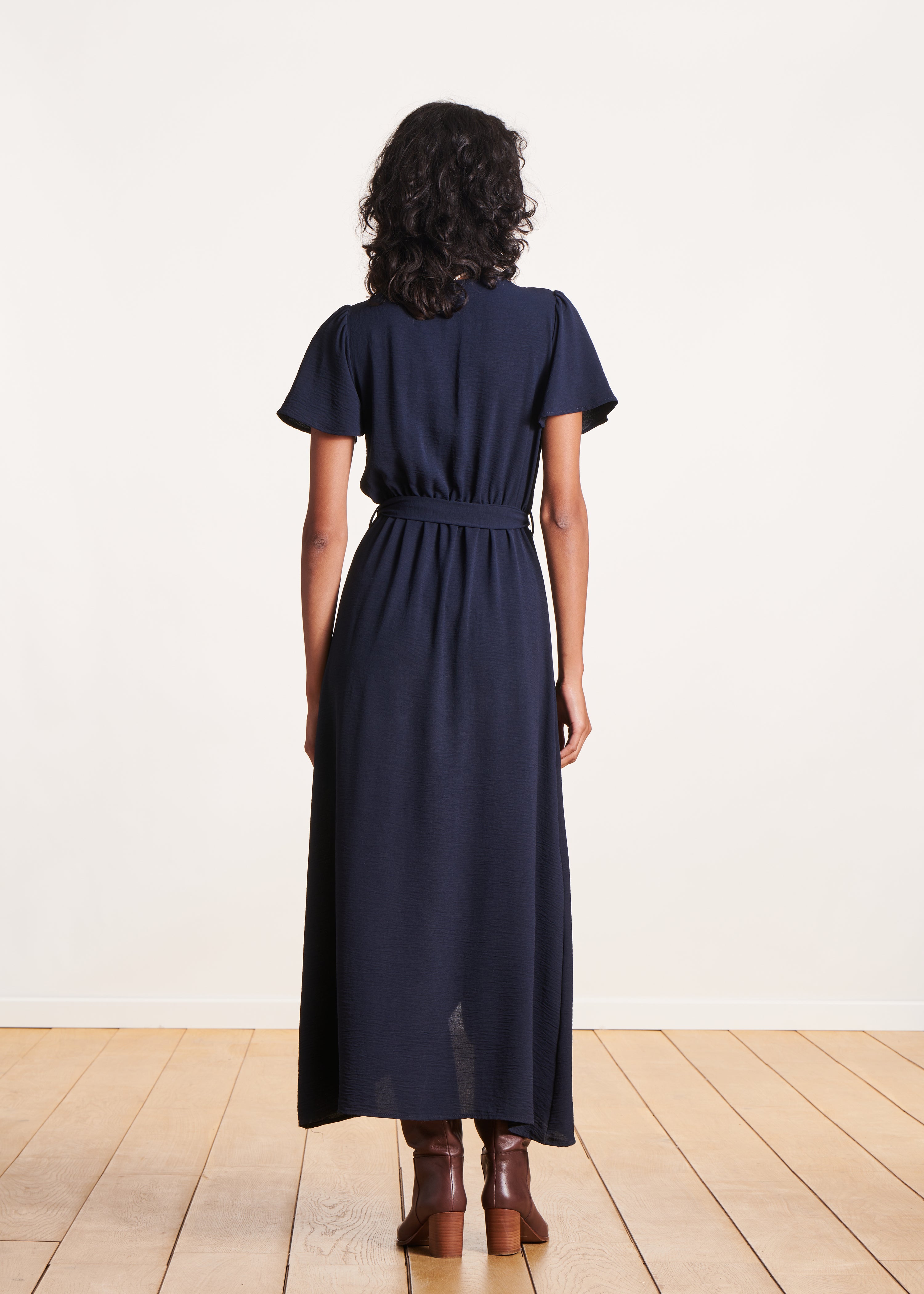 Robe longue bleu marine faux portefeuille