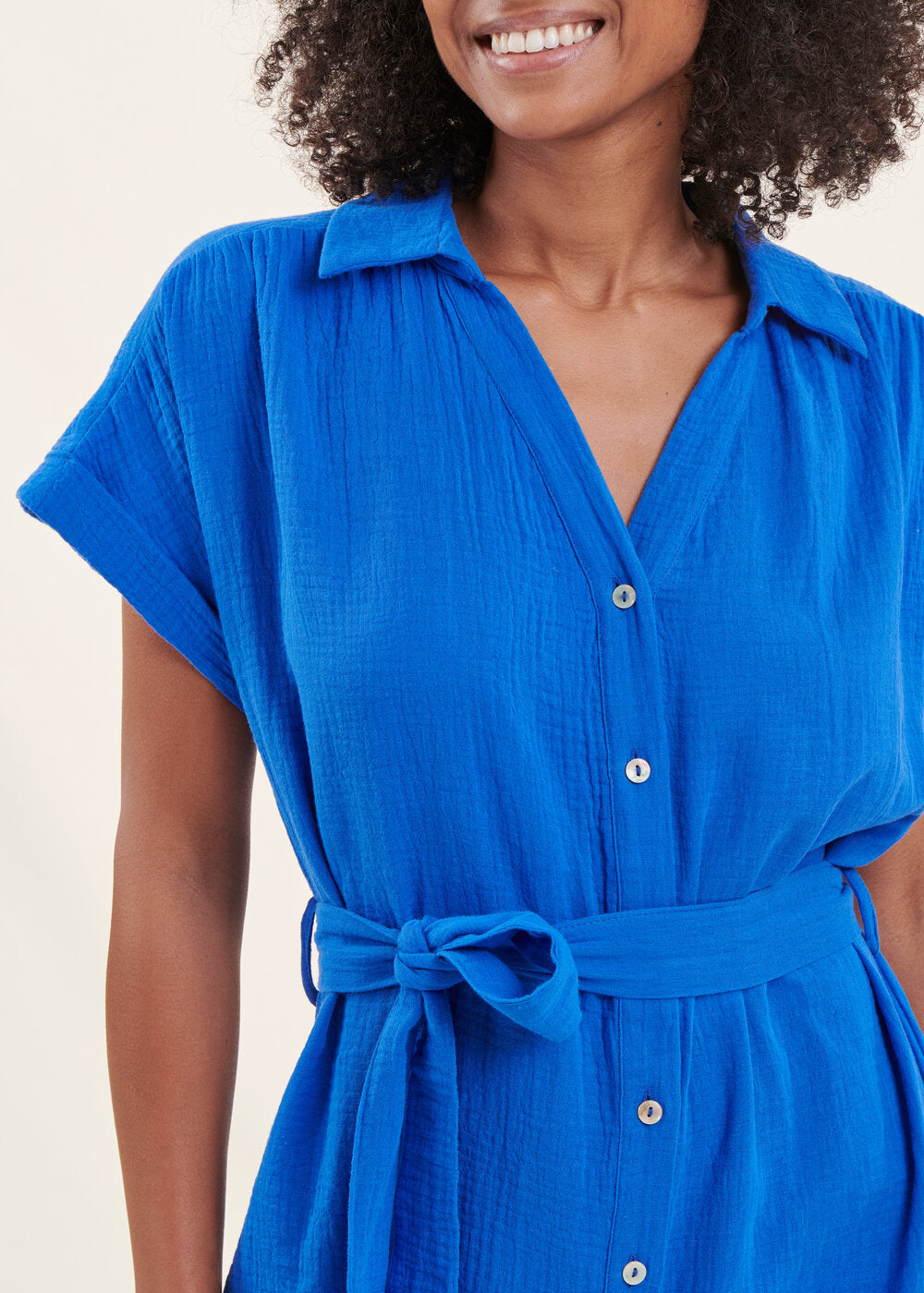 Mid-length royal blue cotton gauze shirt dress