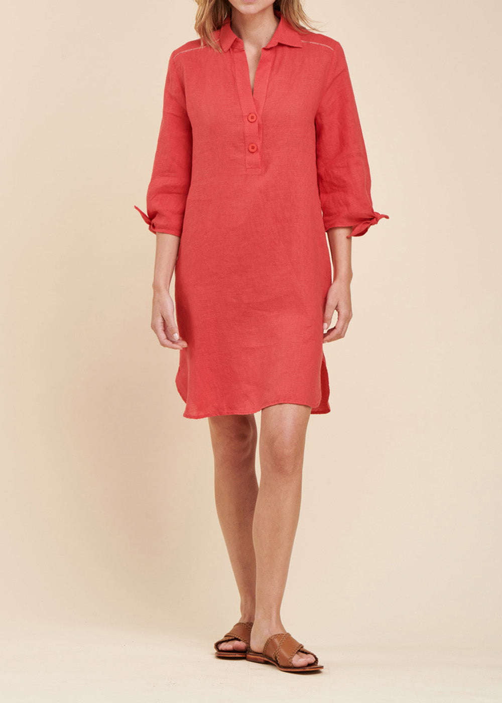 Short linen dress, shirt collar