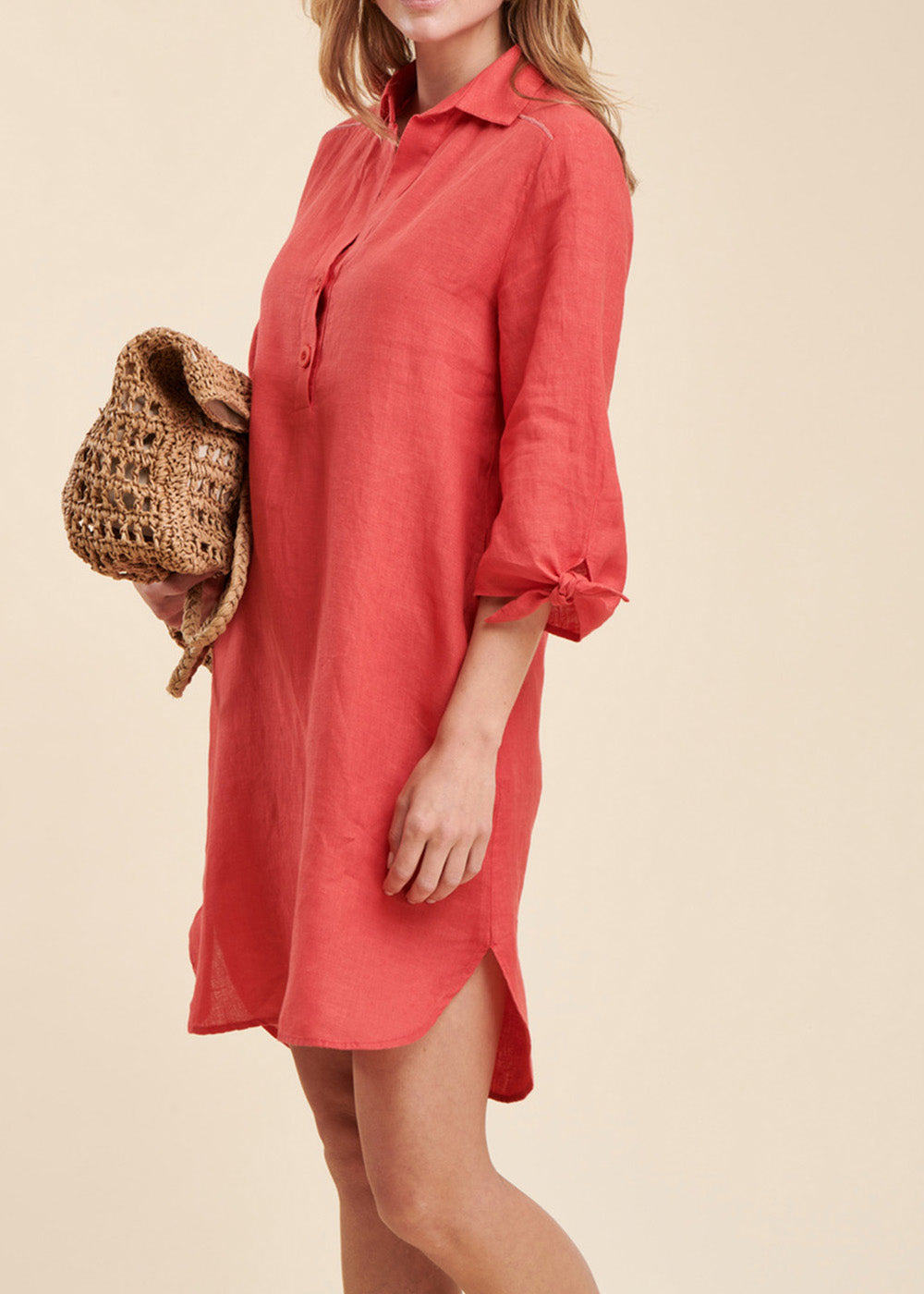 Short linen dress, shirt collar