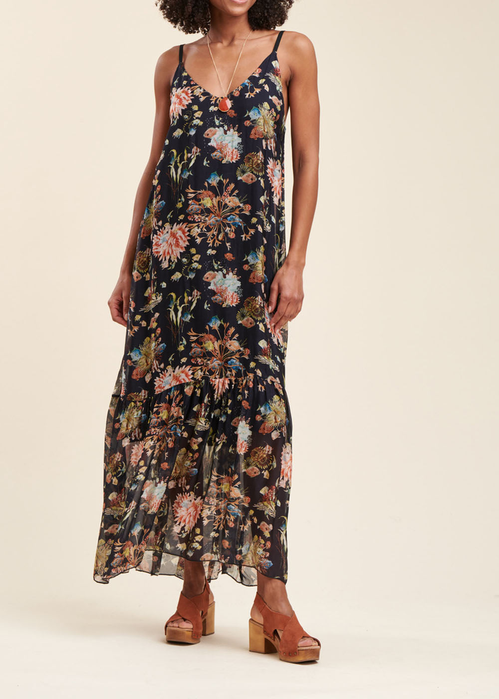 Sundress in silk viscose voile with plant print