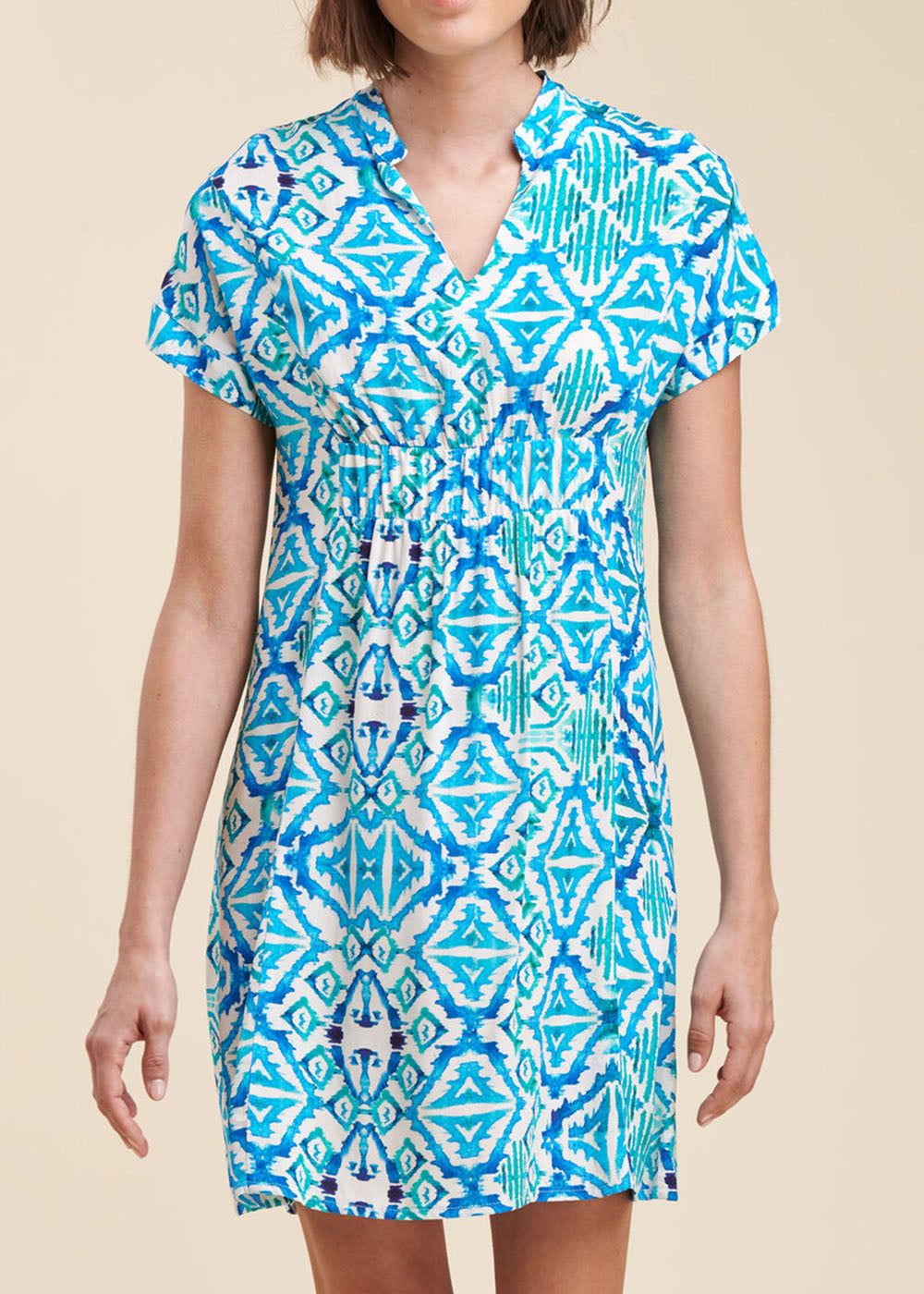 Short loose printed dress in eco-responsible viscose Ecovero