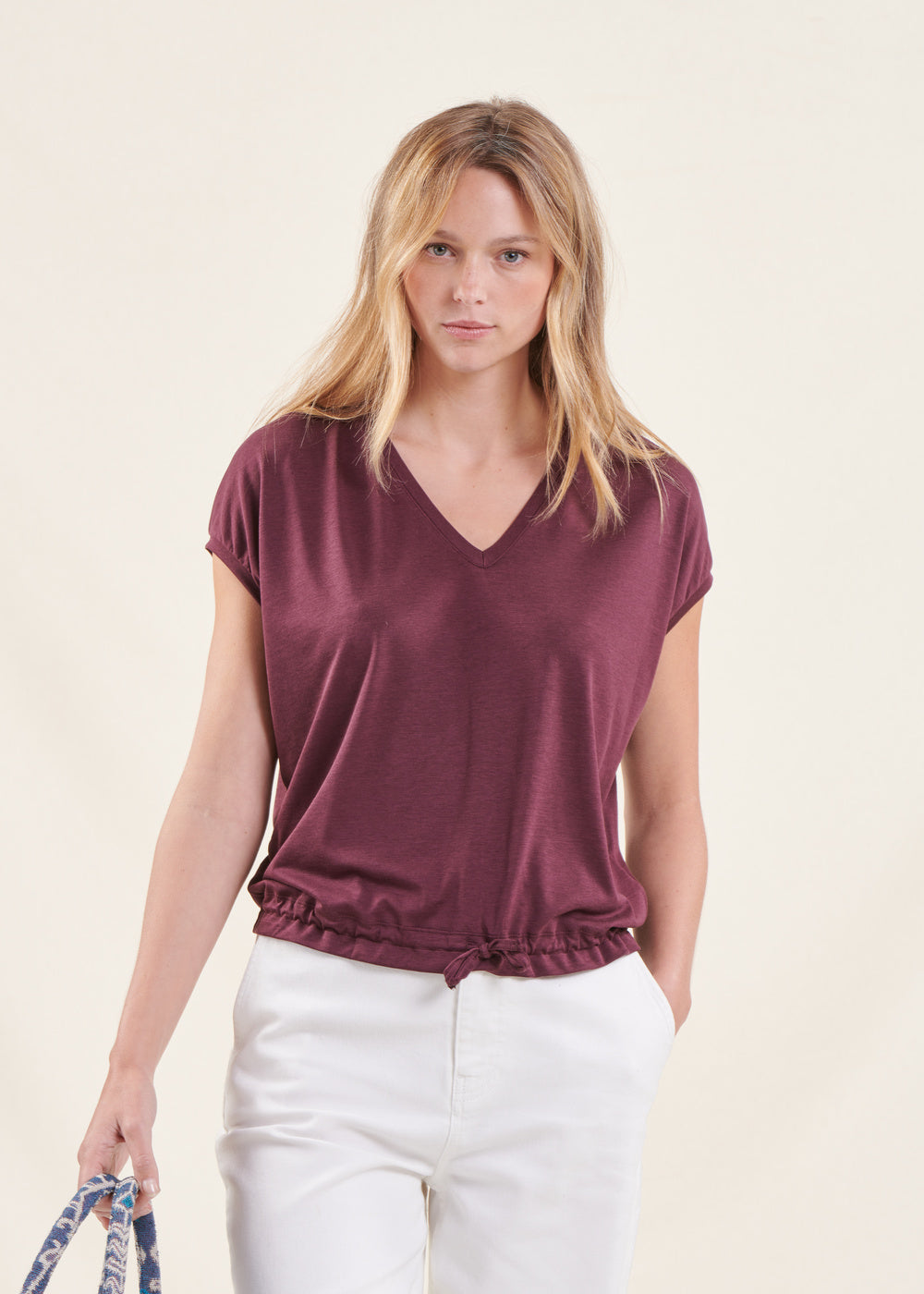 T-shirt blousant aubergine en lyocell manches courtes