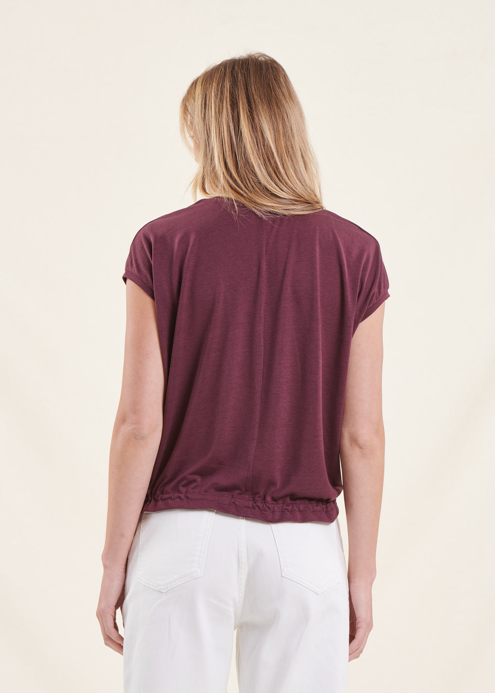 T-shirt blousant aubergine en lyocell manches courtes