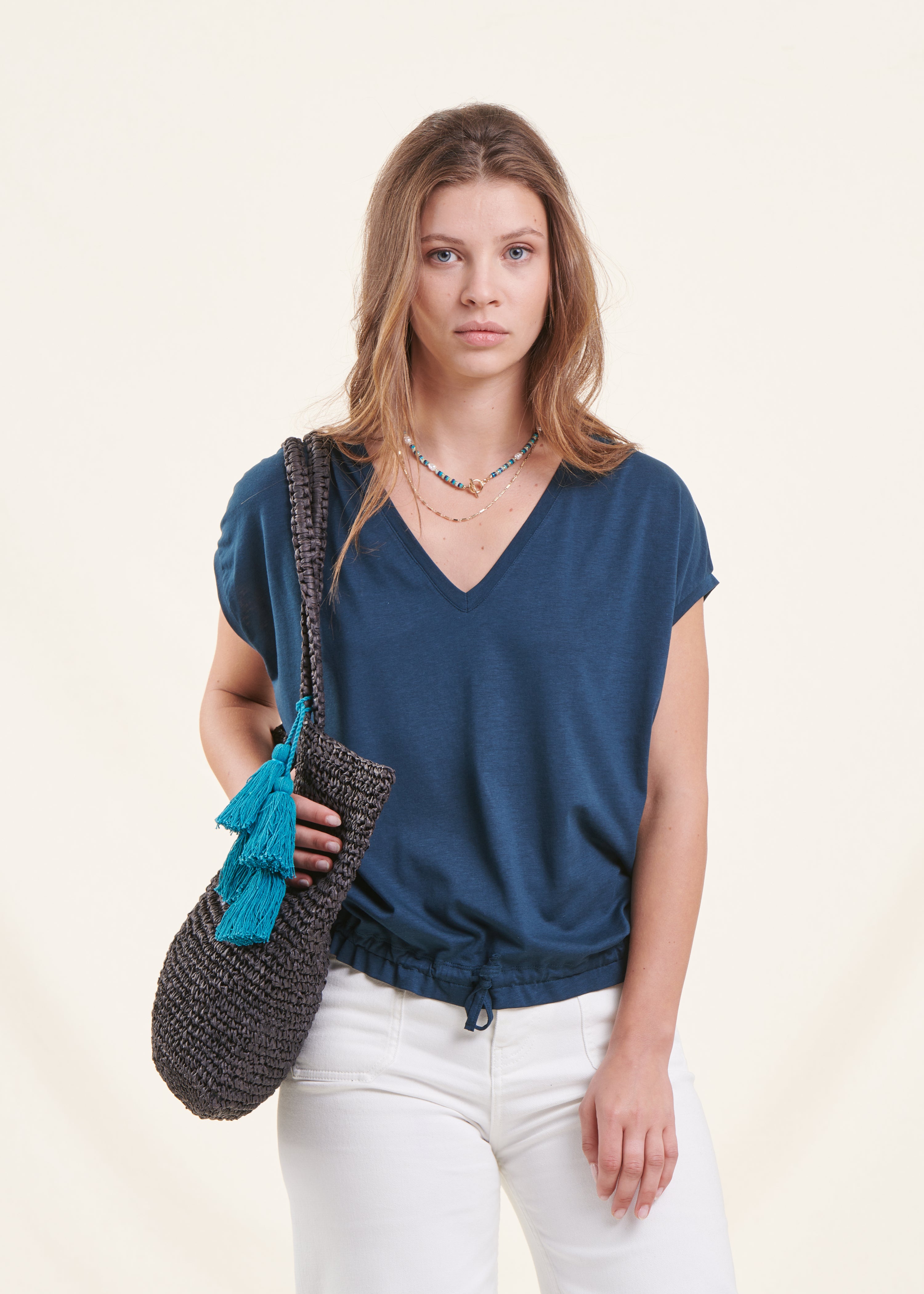 Petrolblauw lyocell blousant T-shirt met korte mouwen