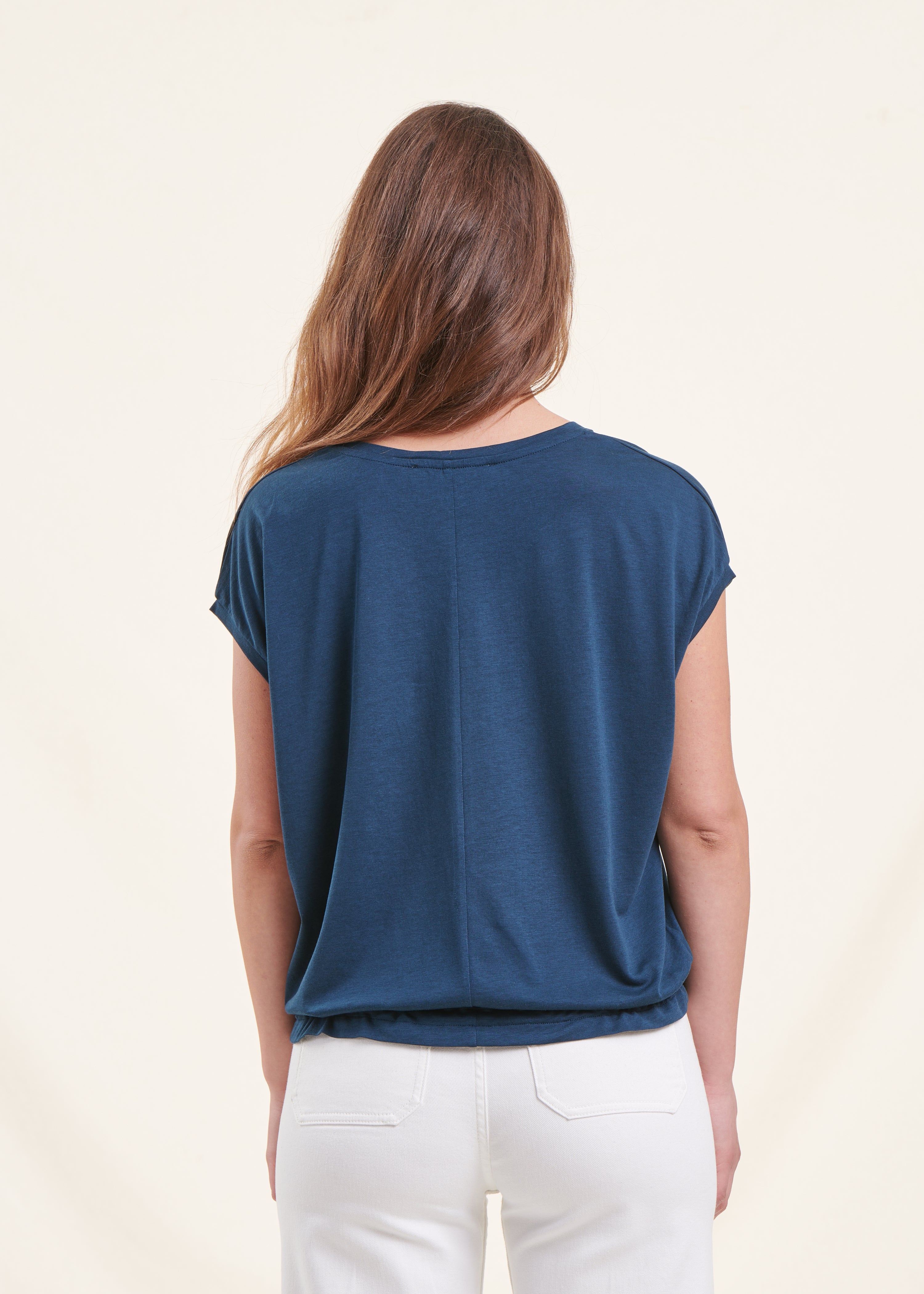 Petrolblauw lyocell blousant T-shirt met korte mouwen