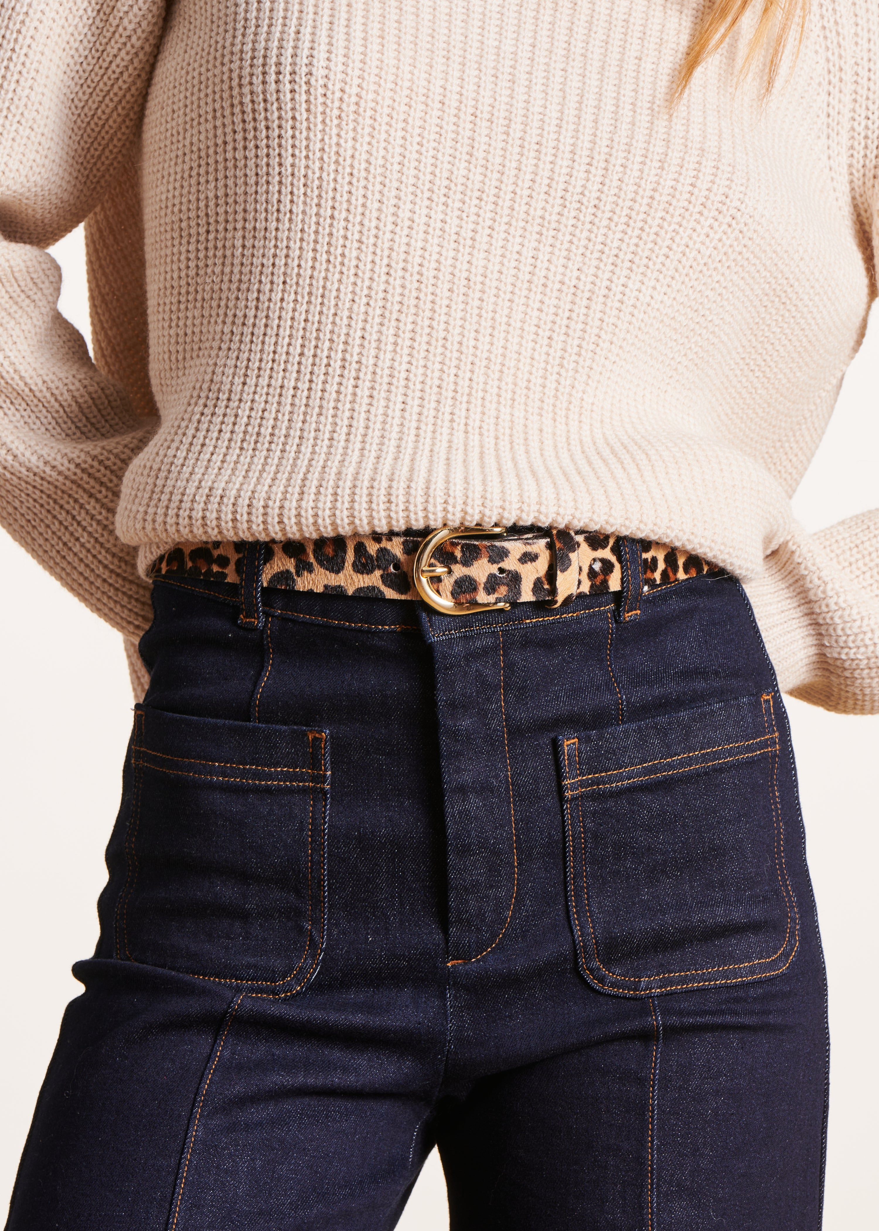 Leopard print leather belt