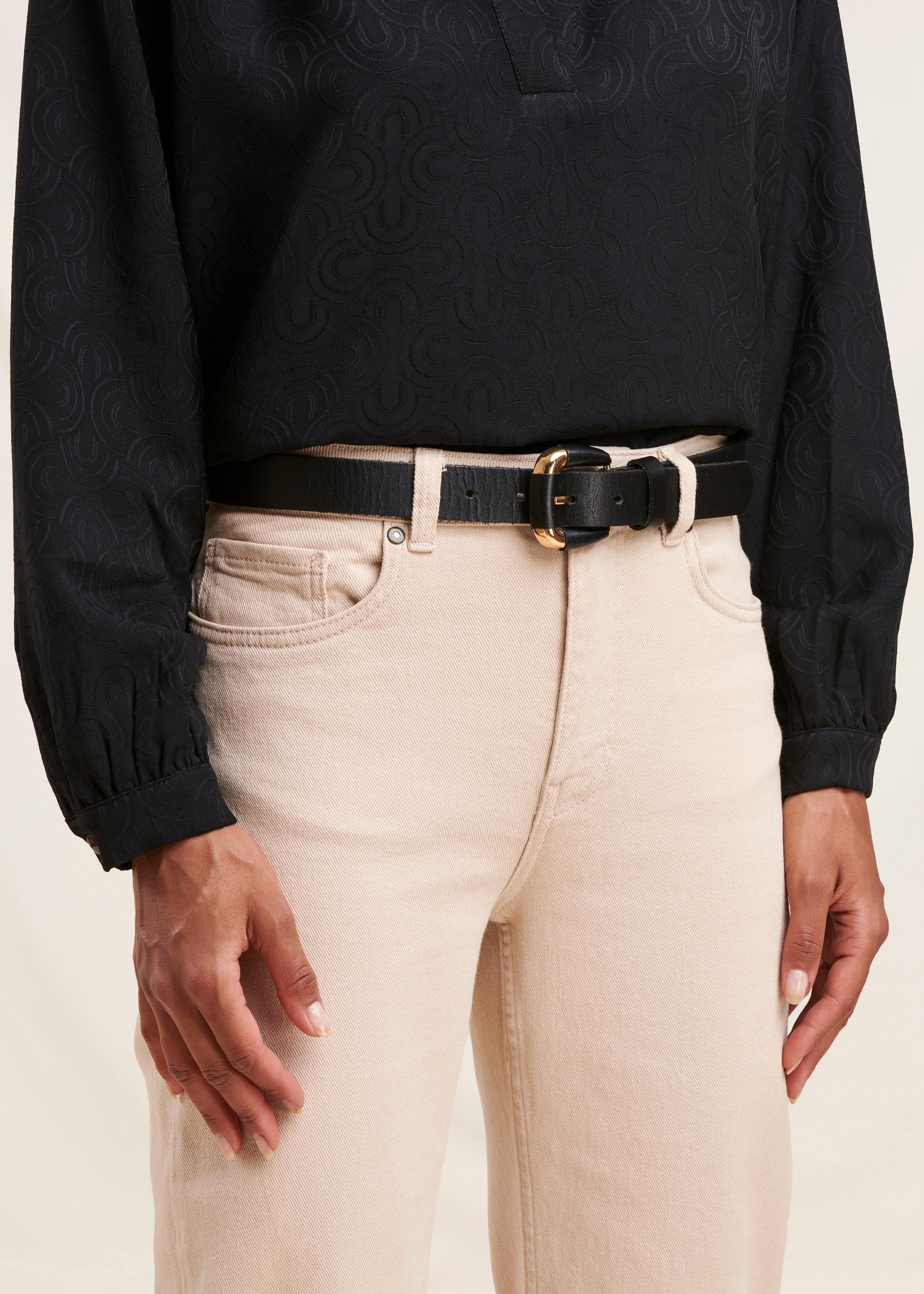 Black leather belt with covered buckle