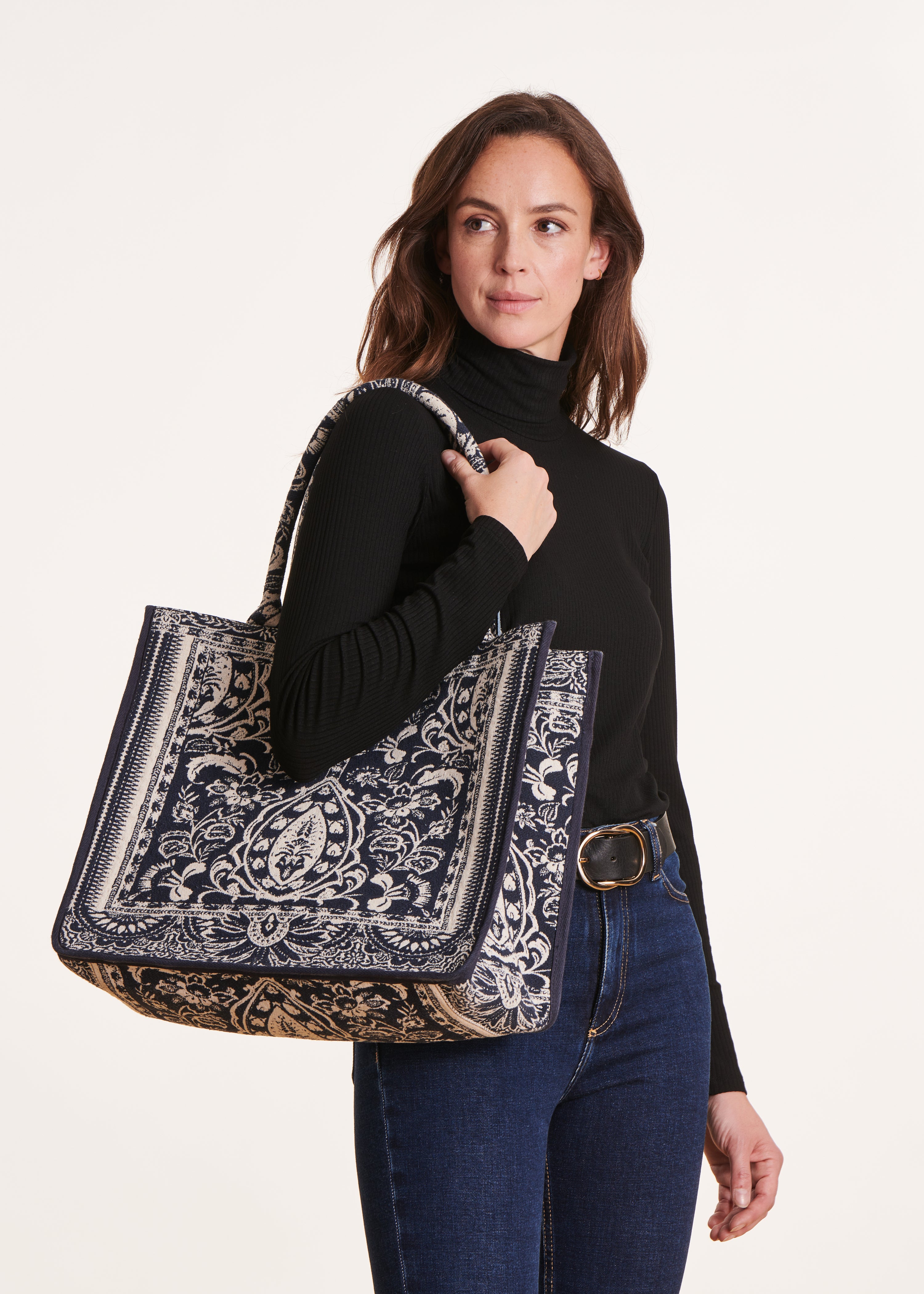 Bolsa tote em jacquard azul marinho