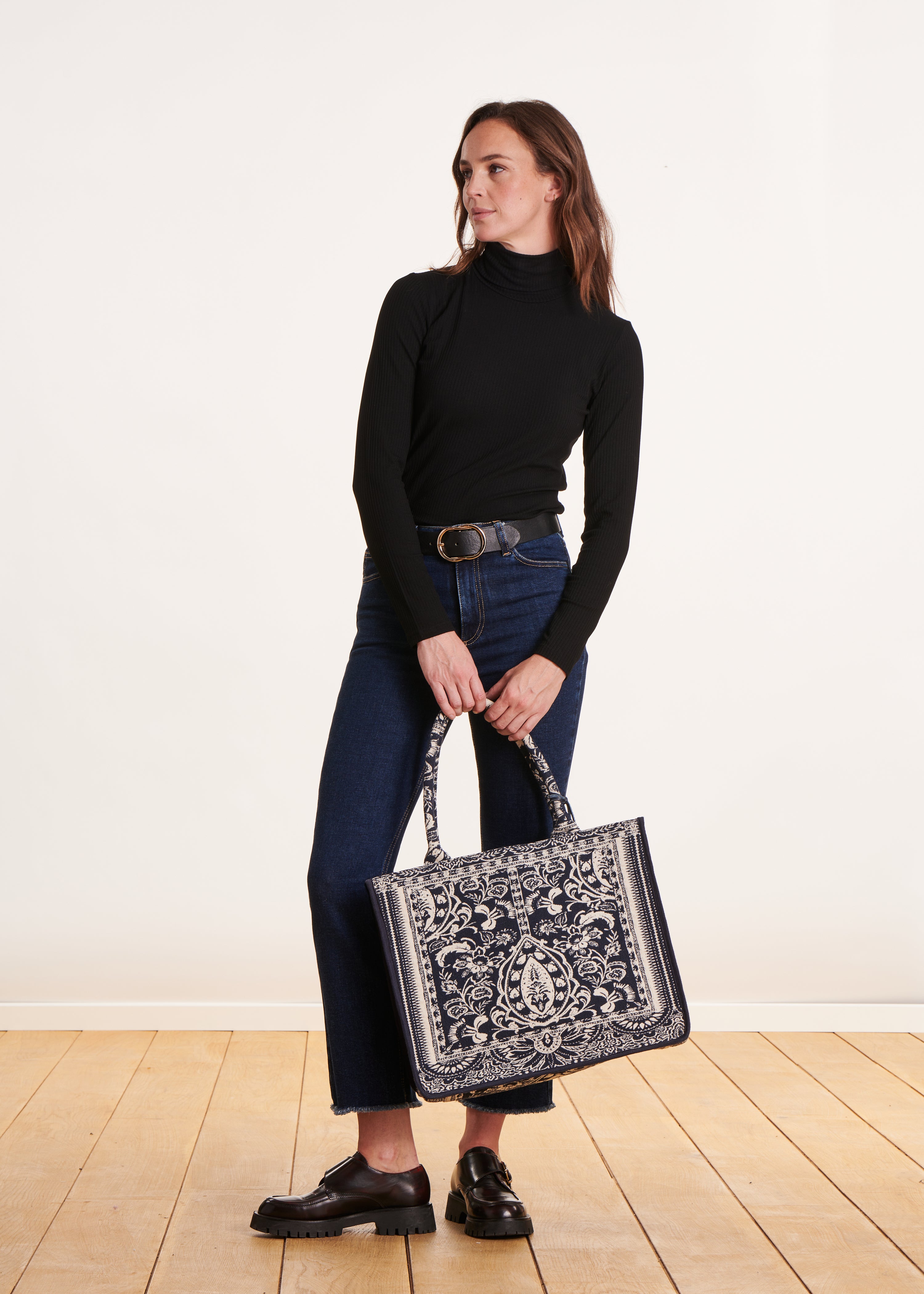 Navy blue jacquard tote bag