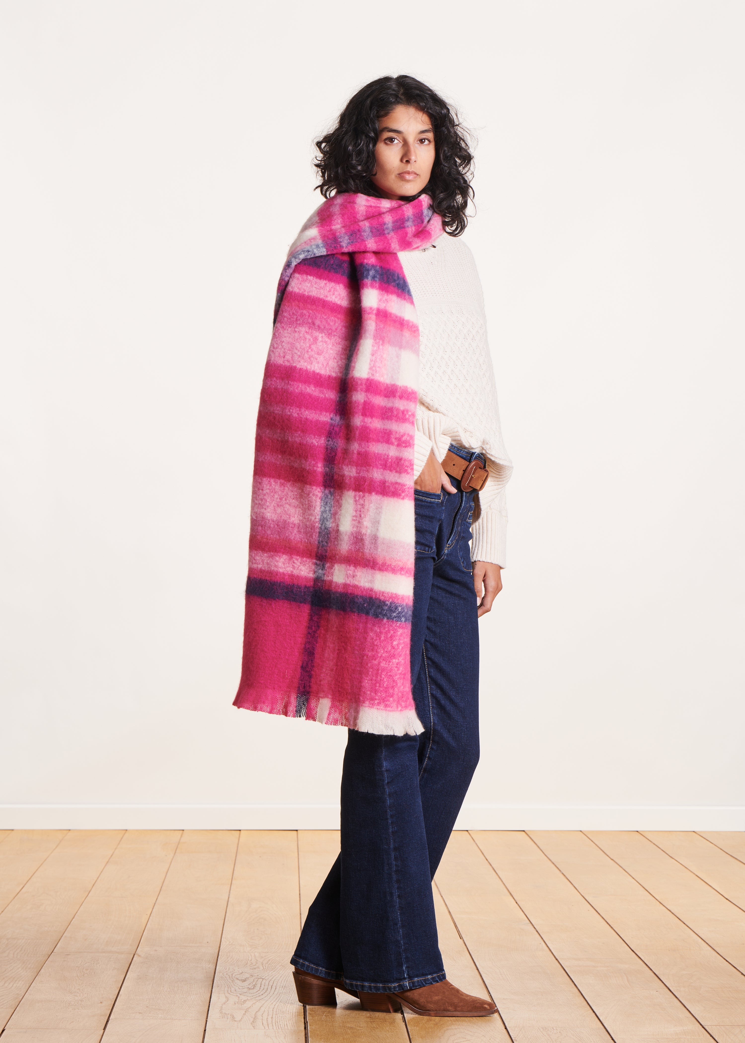 Large pink plaid scarf