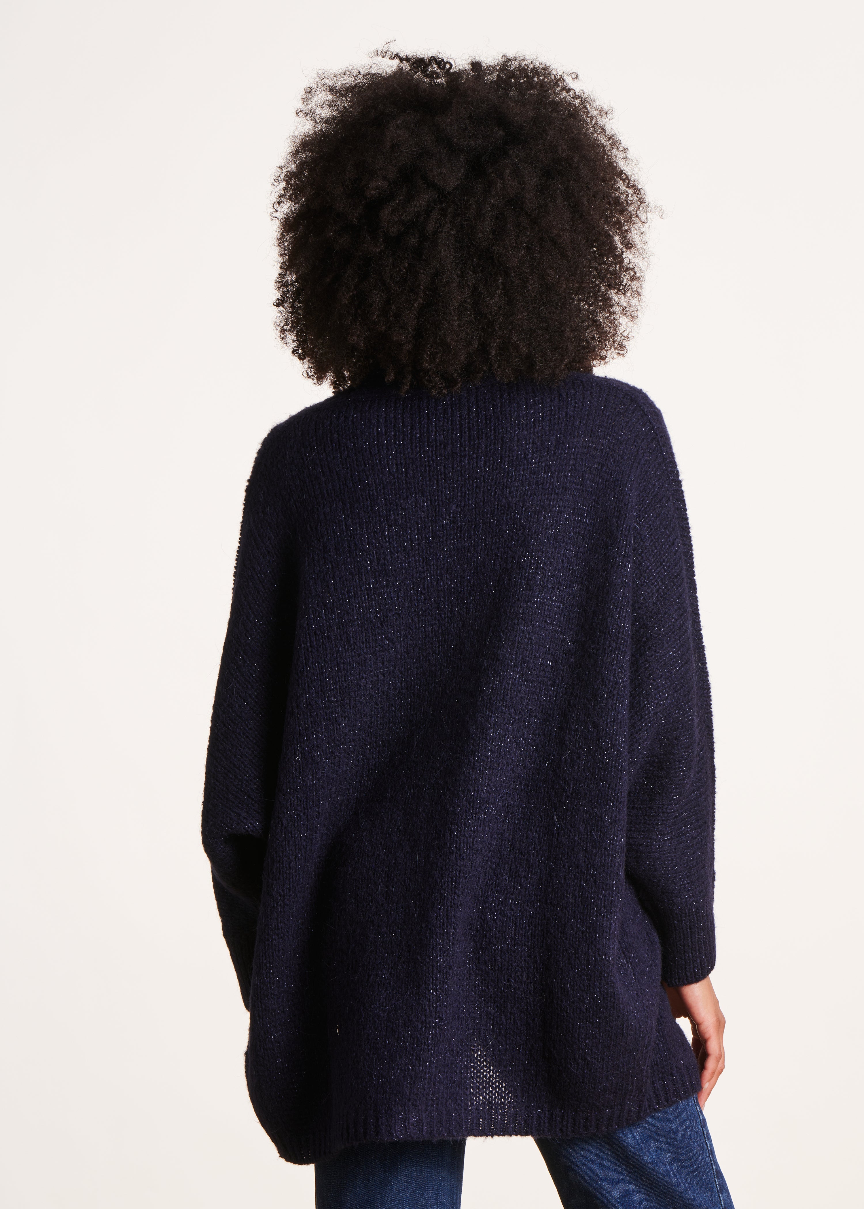 Mid-length oversized navy blue vest in iridescent knit