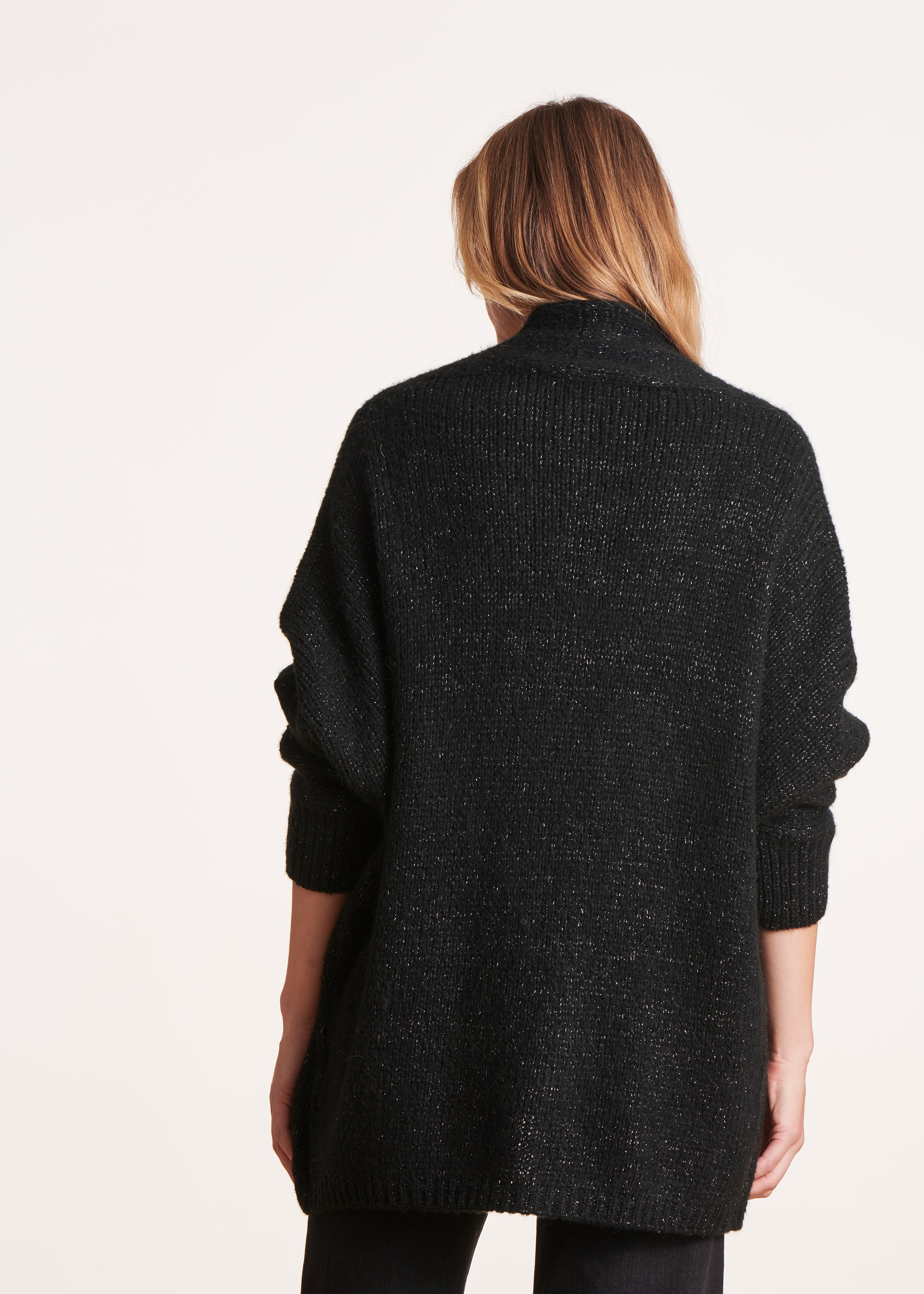 Black mid-length oversized vest in iridescent knit