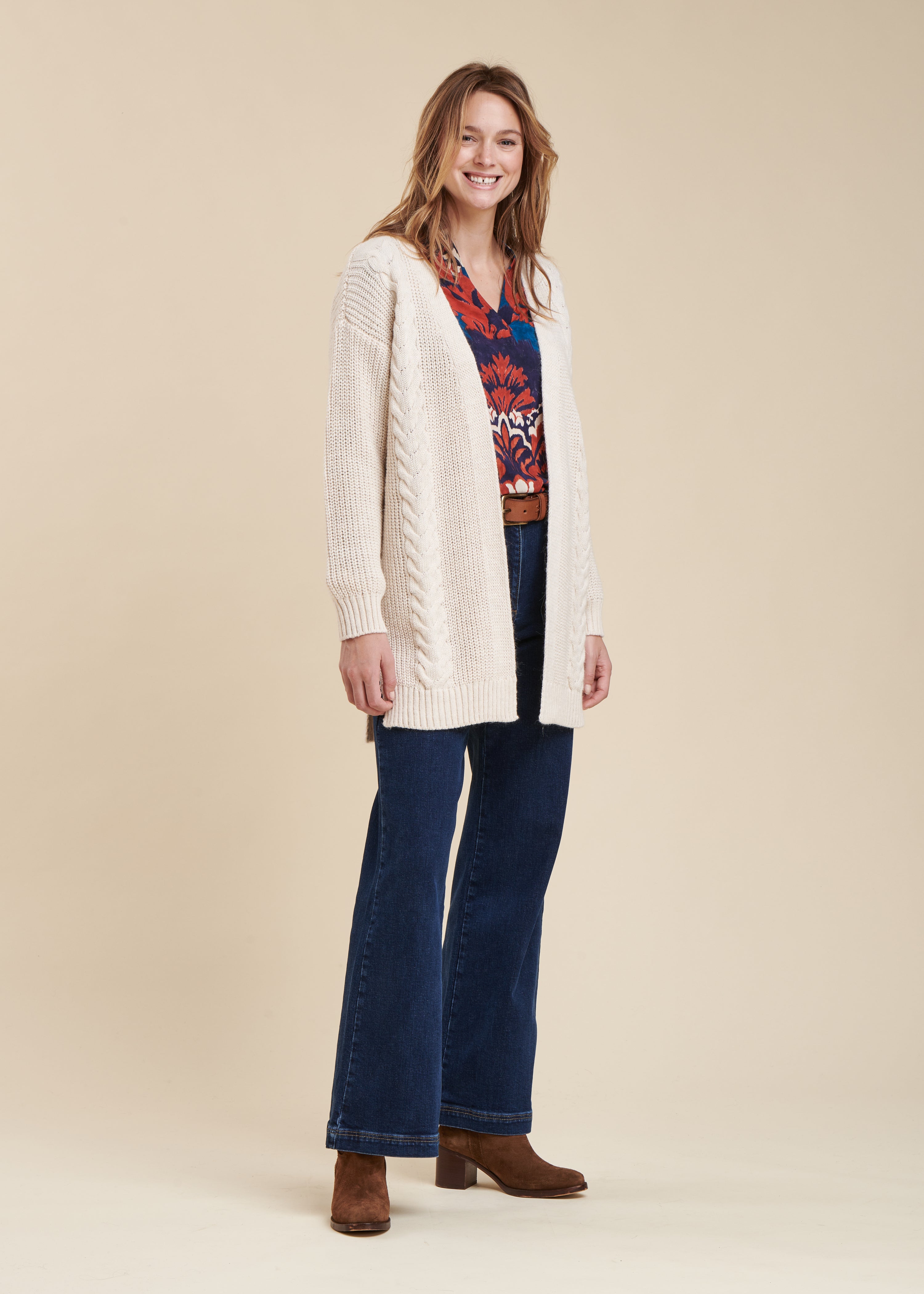 Loose mid-length ecru cardigan